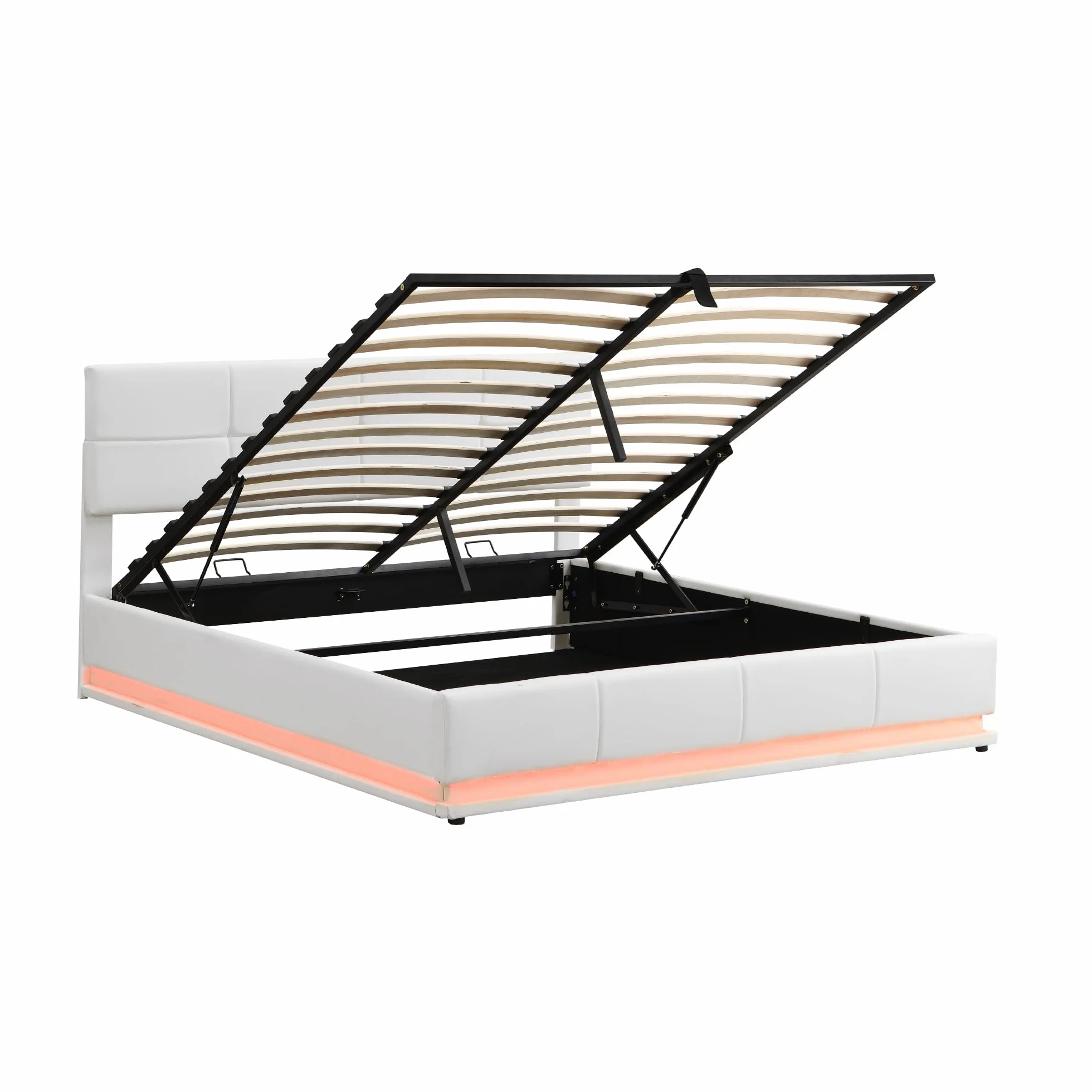 Merax Cama acolchada hidráulica de 180 x 200 cm, con espacio de almacenamiento, cama con iluminación LED, para jóvenes, adultos, piel sintética, color blanco (sin colchón)