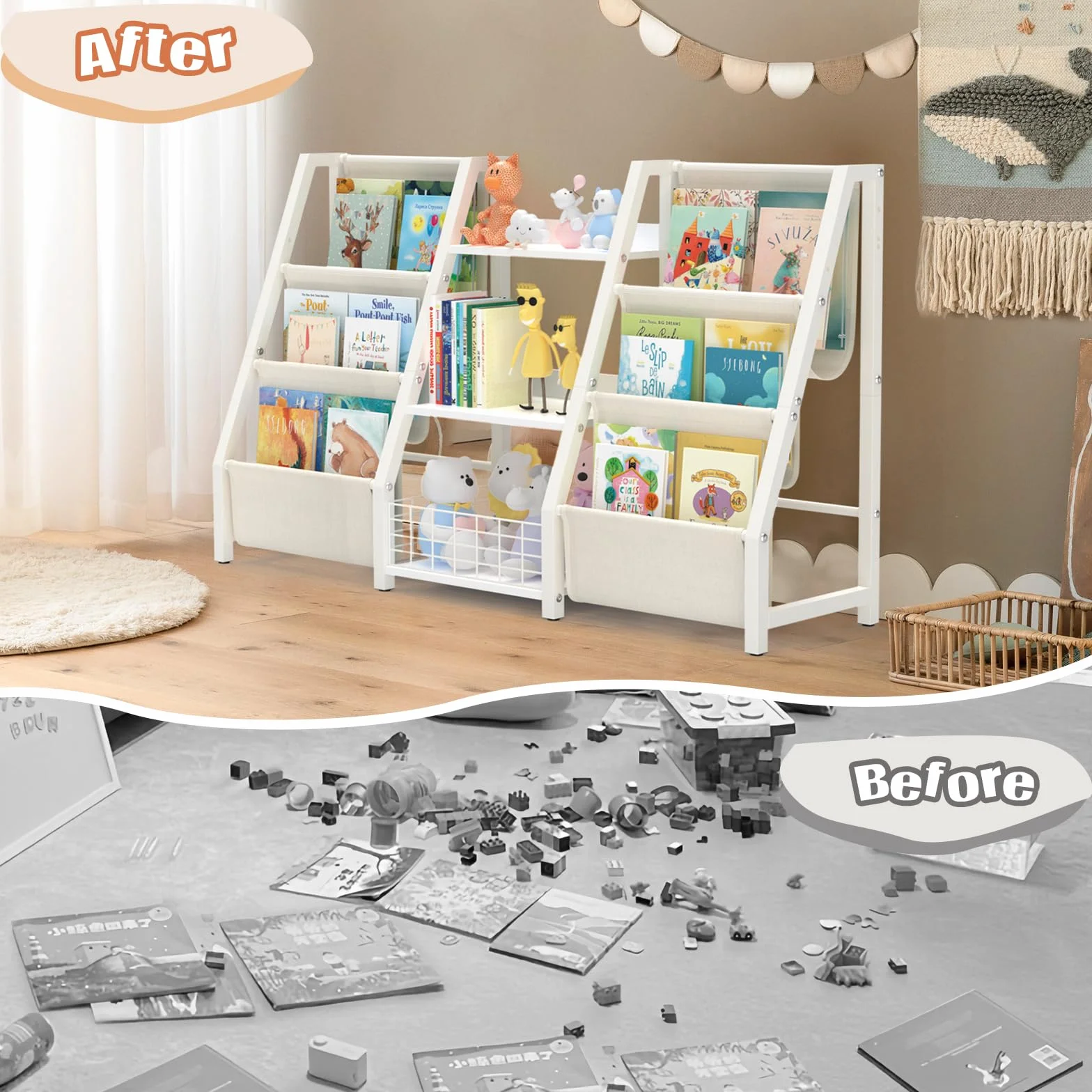BORISI Estantería Montessori Infantil - Libreria con 6 Niveles, Estante Organizador de Juguetes y Libros para Niños, Mueble de Almacenaje para Dormitorio, 124x30x75 cm, Blanco