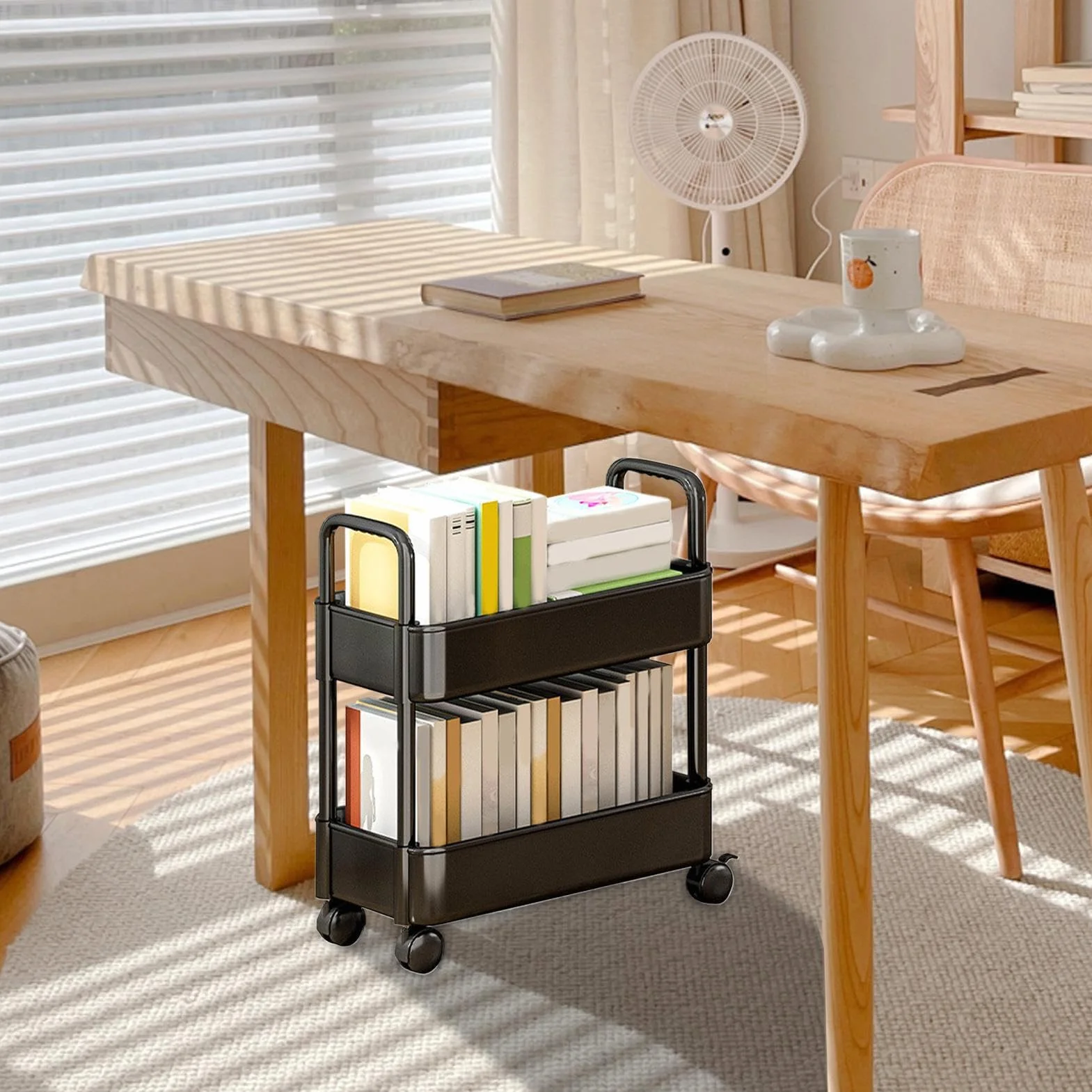 Carrito con 2 niveles, organizador multifuncional para carrito libros, estantería móvil con ruedas, organizador carrito libros para dormitorio, sala estar, escuela en casa, niño