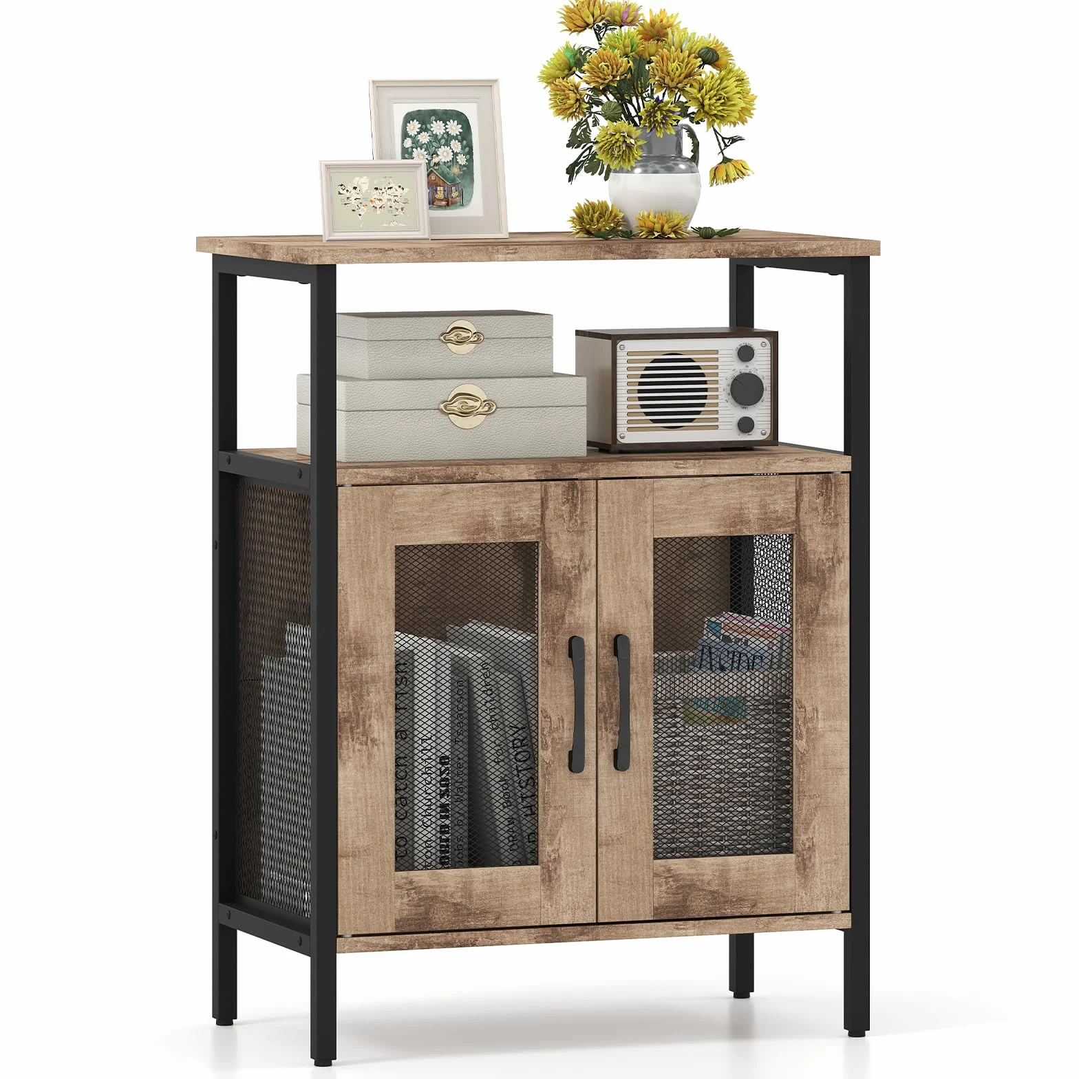 GIANTEX Aparador Cocina para Vinos, Armario con Portabotellas y Portavasos Extraíble, 60 x 34 x 79 cm, Mueble de Almacenamiento con Puertas de Malla de Metal, para Salón, Comedor, Bar (Gris)
