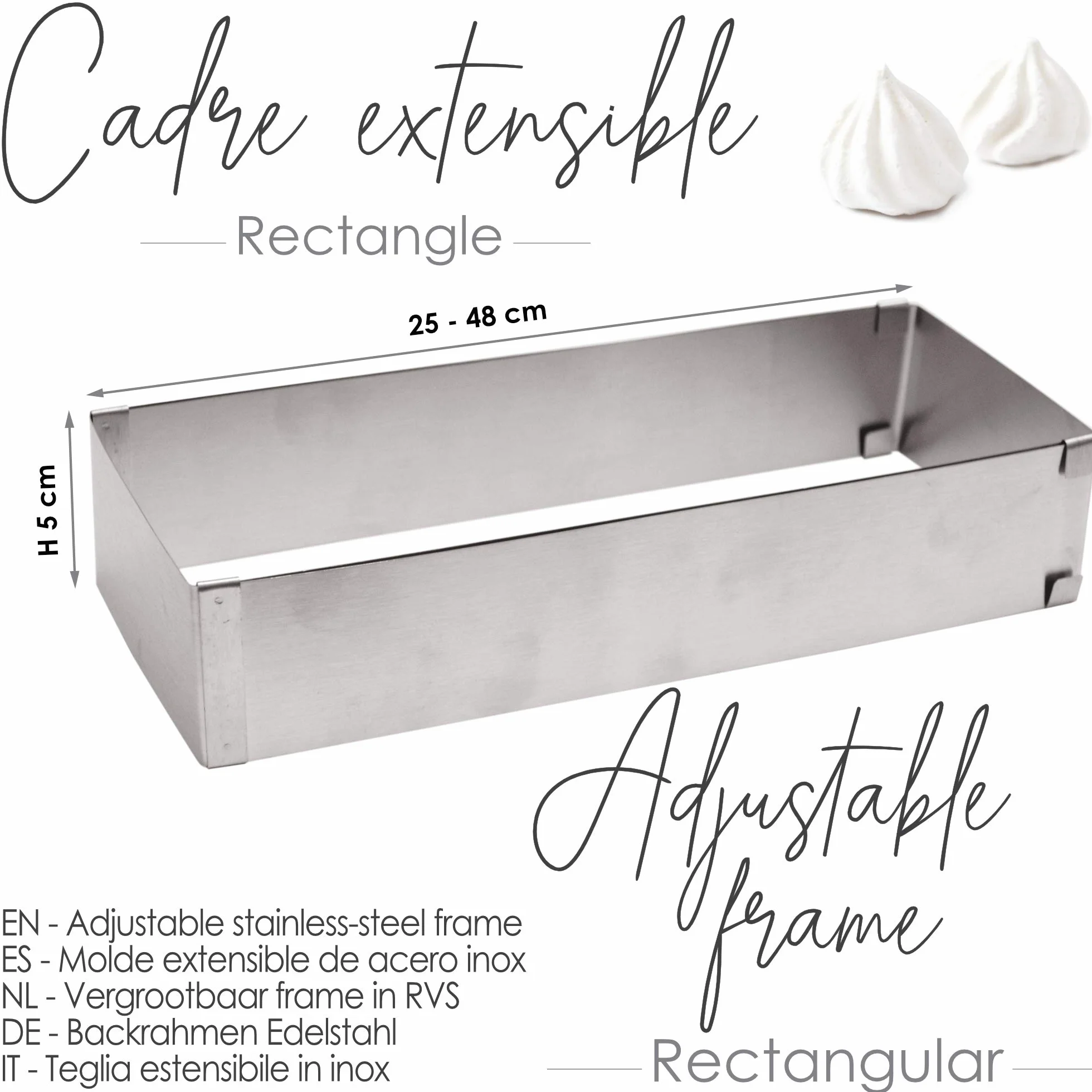 SCRAP COOKING 1916 Marco de repostería Extensible de Acero Inoxidable – Molde Rectangular de Longitud Ajustable de 25 a 48 cm – para Tartas, postres – Accesorio de pastelería, 18/10