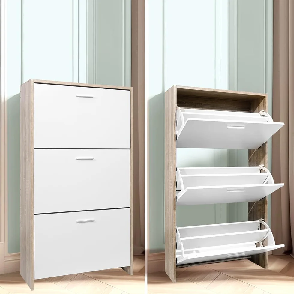 CASABEL, Mueble Zapatero de 18 Pares, Estantería de Gran Capacidad para vestíbulo o Pasillo, (Ancho) 60 x (Profundidad) 24 x (Alto) 113 cm, Madera Clara Blanca