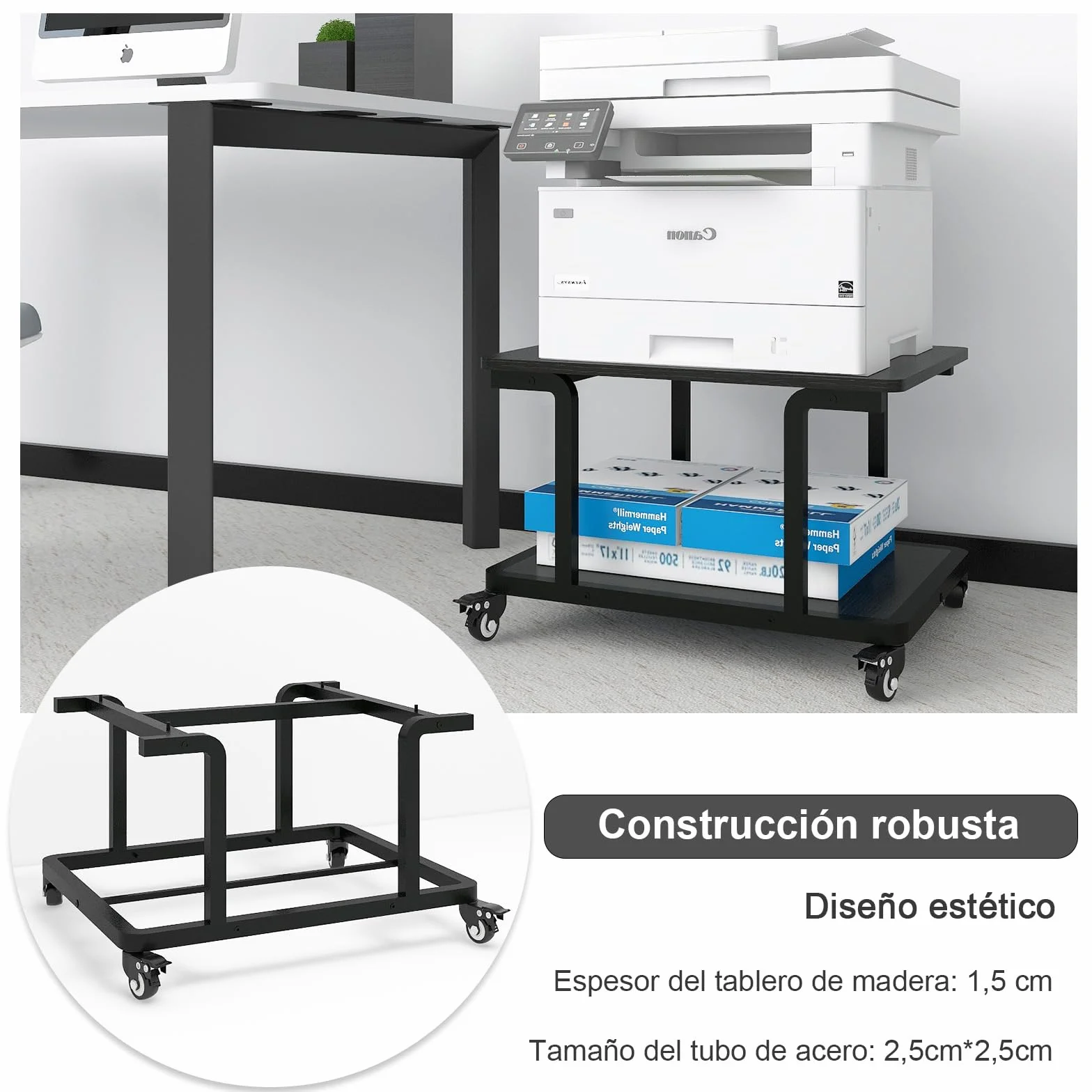 PUNCIA Mesa para Impresora de 2 Niveles con Ruedas 60 x 50 cm Soporte para Impresora Móvil de Madera y Metal con Estante de Almacenamiento para Oficina Hogar Escuela Negro