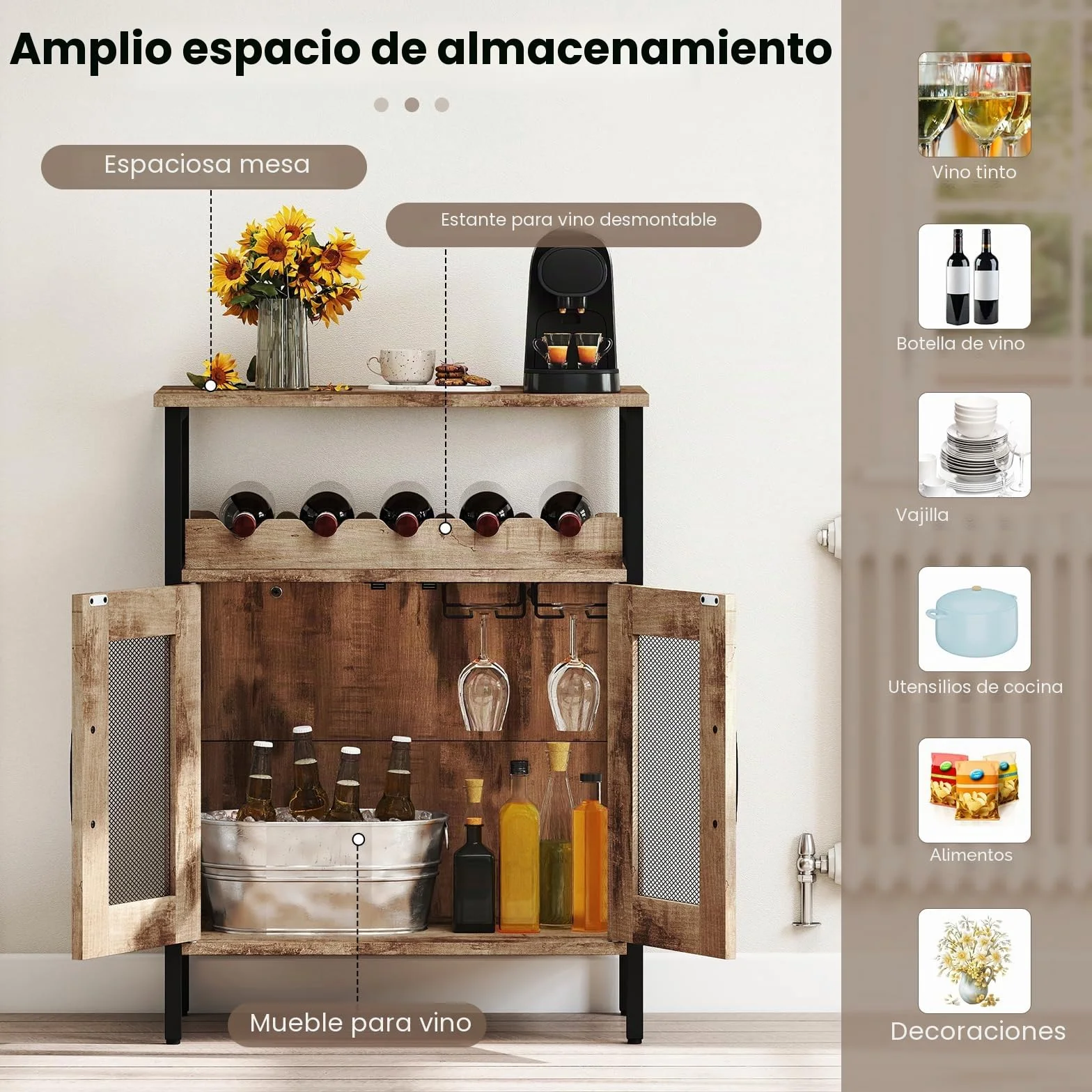 GIANTEX Aparador Cocina para Vinos, Armario con Portabotellas y Portavasos Extraíble, 60 x 34 x 79 cm, Mueble de Almacenamiento con Puertas de Malla de Metal, para Salón, Comedor, Bar (Gris)