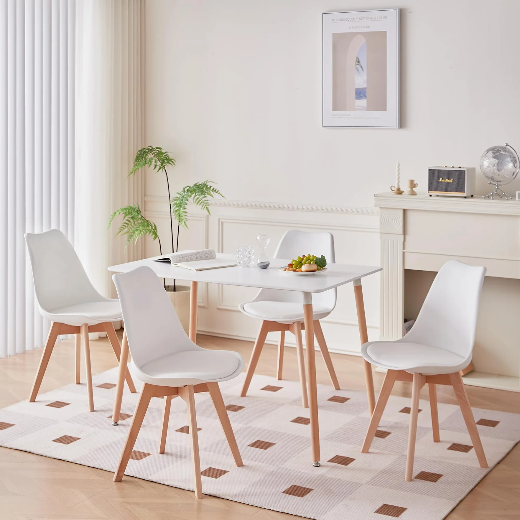Juego de Comedor Mesa Rectángulo con 4 Sillas，para el Hogar, la Oficina y el Café (Blanco+ZDCZ)
