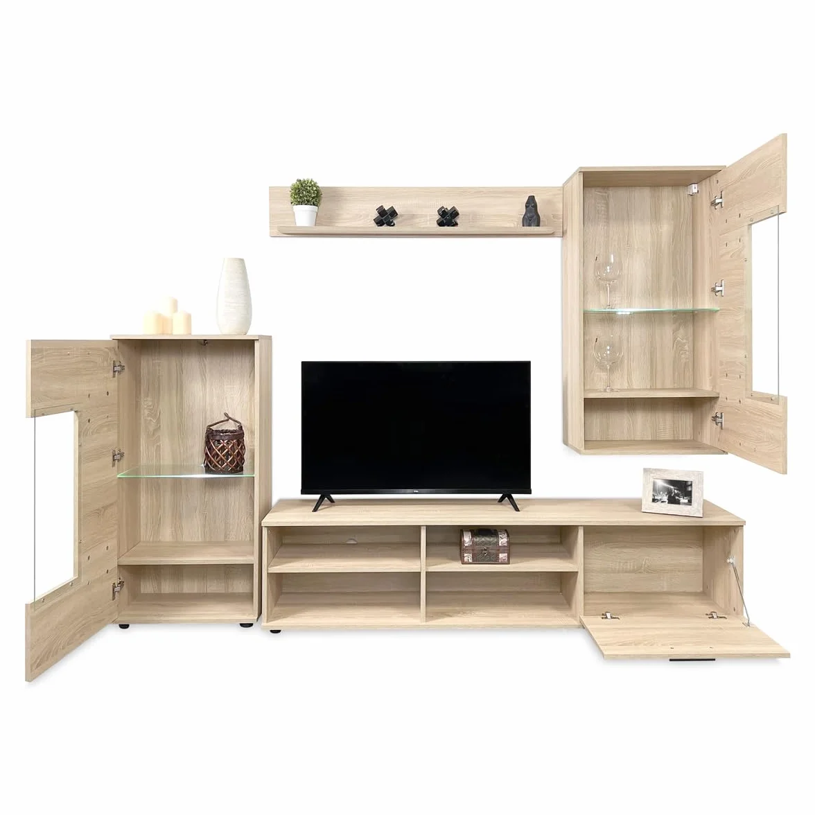 Homey - Mueble de Salón con Leds, Módulos de Comedor, Modelo Alemore, Acabado en Cambria, Medidas: 229 cm (Ancho) x 200 cm (Alto) 38 cm (Fondo)