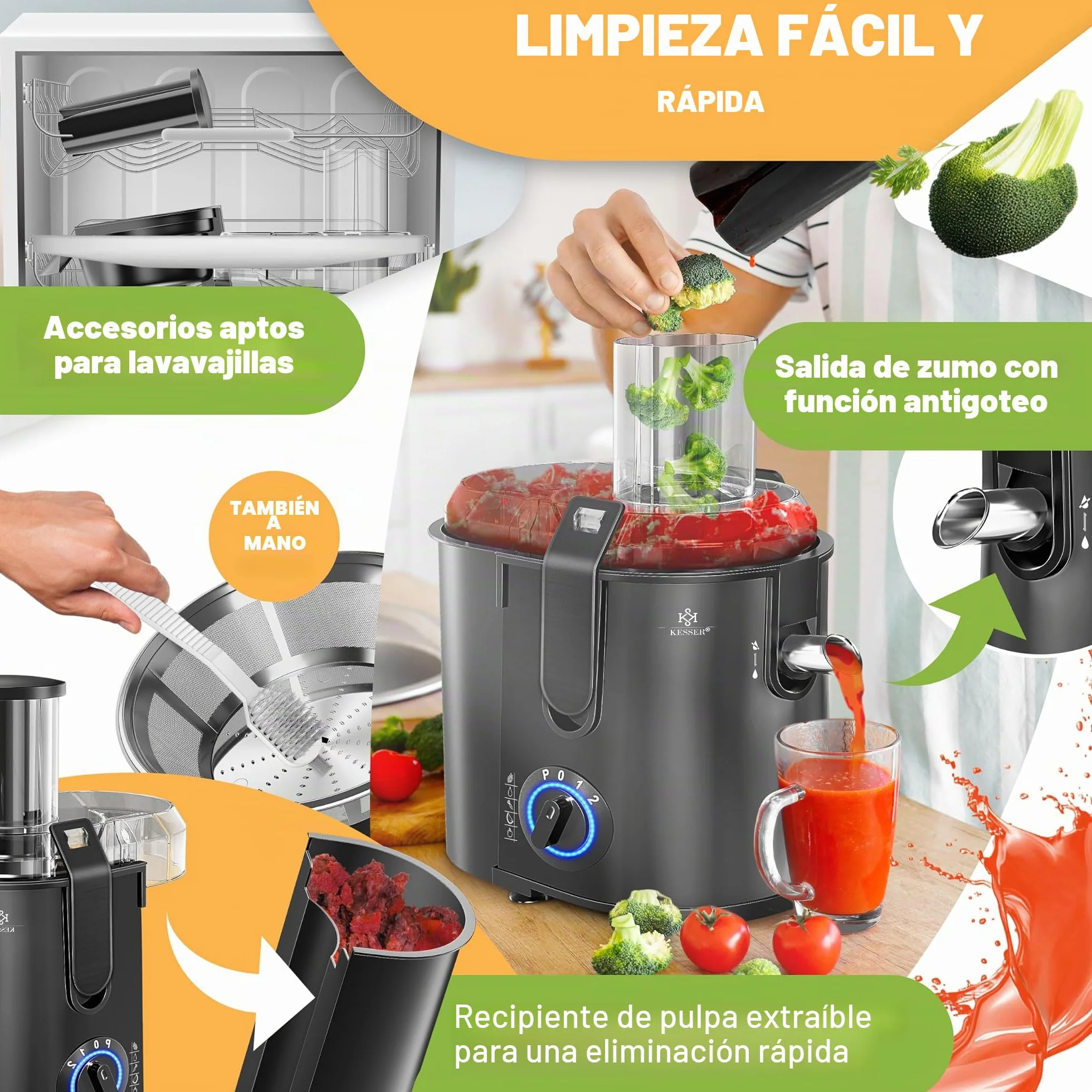 KESSER Exprimidor acero inoxidable 1100W, abertura 85 mm, 3 velocidades, Negro