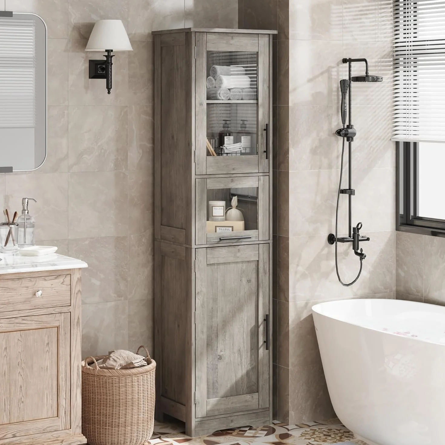 Armario Baño Alto Estrecho 40×31×170 cm Gris Mueble con Puertas y Estante Ajustable