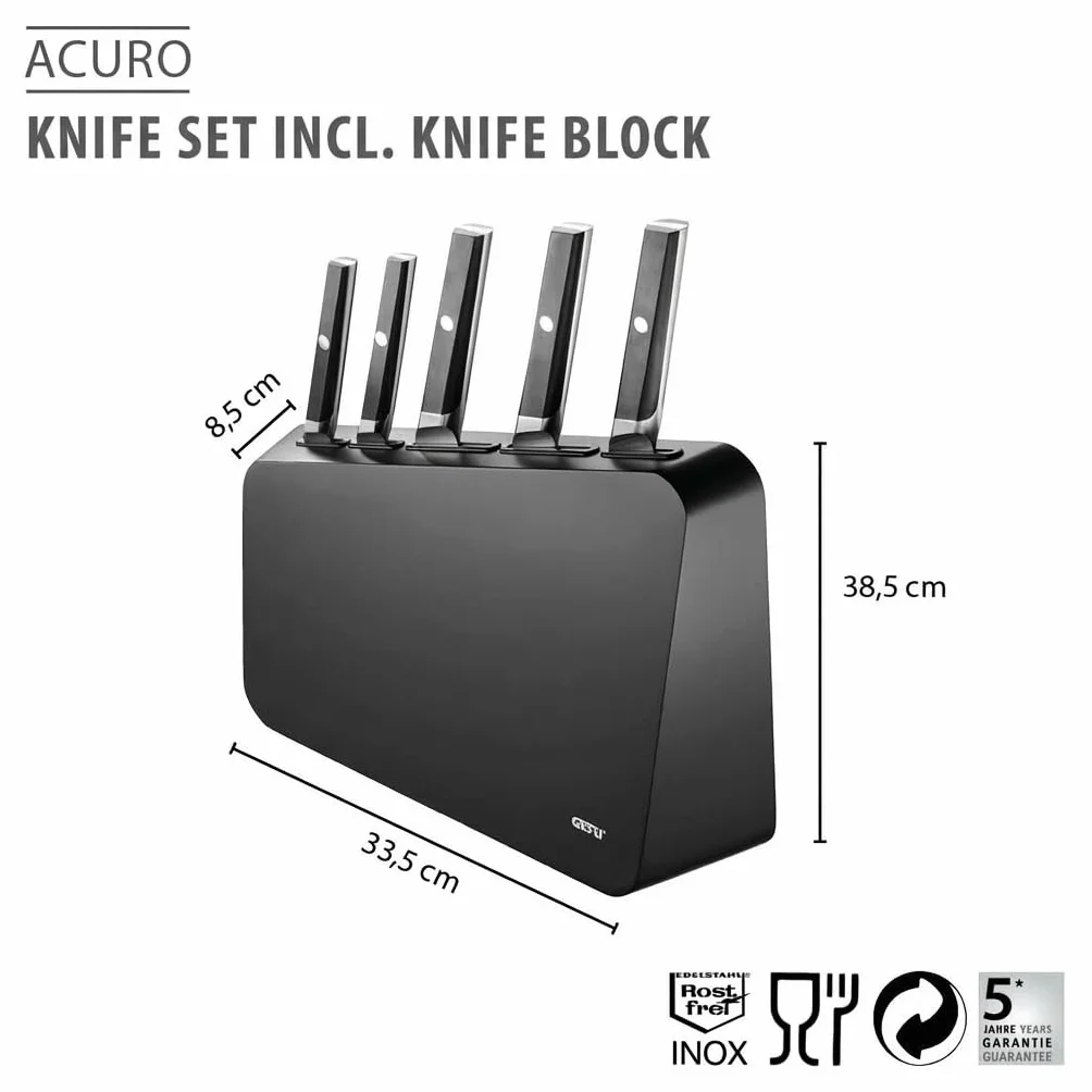 GEFU ACURO Juego de 6 cuchillos con bloque de cuchillos, cuchillo de pan, cuchillo de chef, santoku, universal y vegetal, acero alemán, HRC 57, ergonómico, duradero y elegante