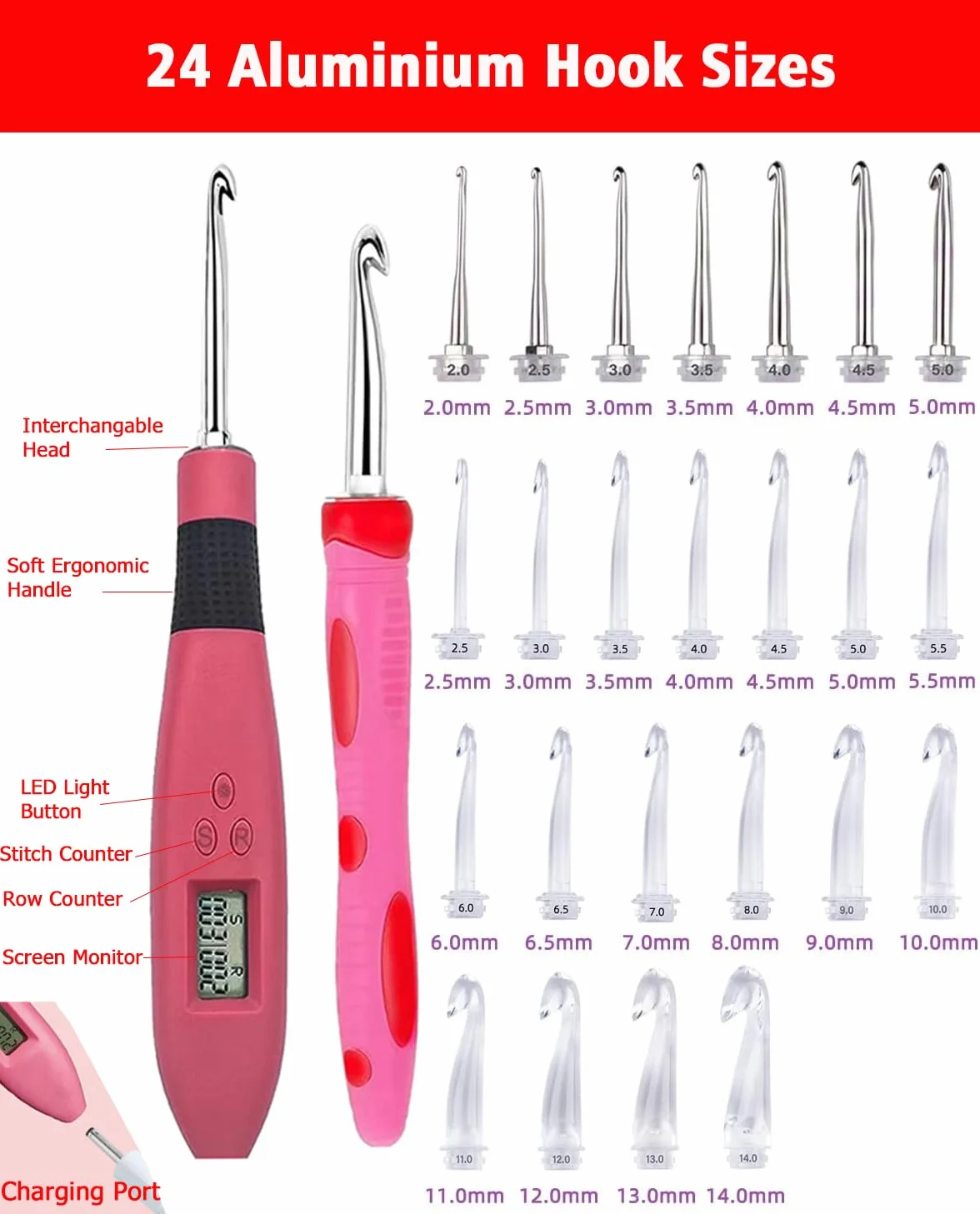 Juego de agujas de ganchillo iluminadas, juego de agujas de ganchillo digitales con 24 kits de ganchillo intercambiables, ganchos de ganchillo iluminados con 2 niveles LED, kit de punto para