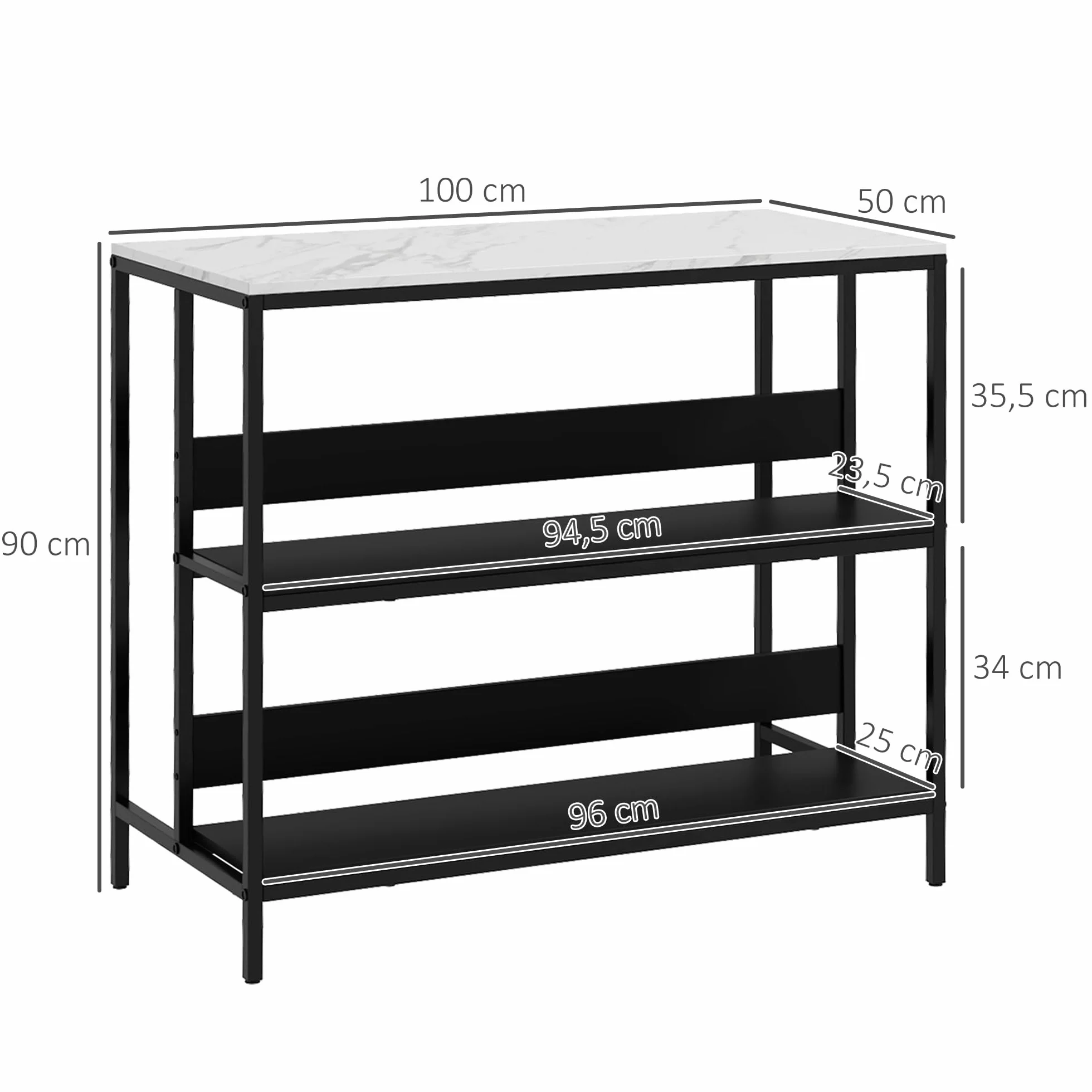 HOMCOM - Postre isla de cocina, mueble de cocina, bandeja de aspecto mármol, estructura de acero, 2 estantes, mueble de almacenamiento para salón, estilo moderno, 100 x 50 x 90 cm, color negro