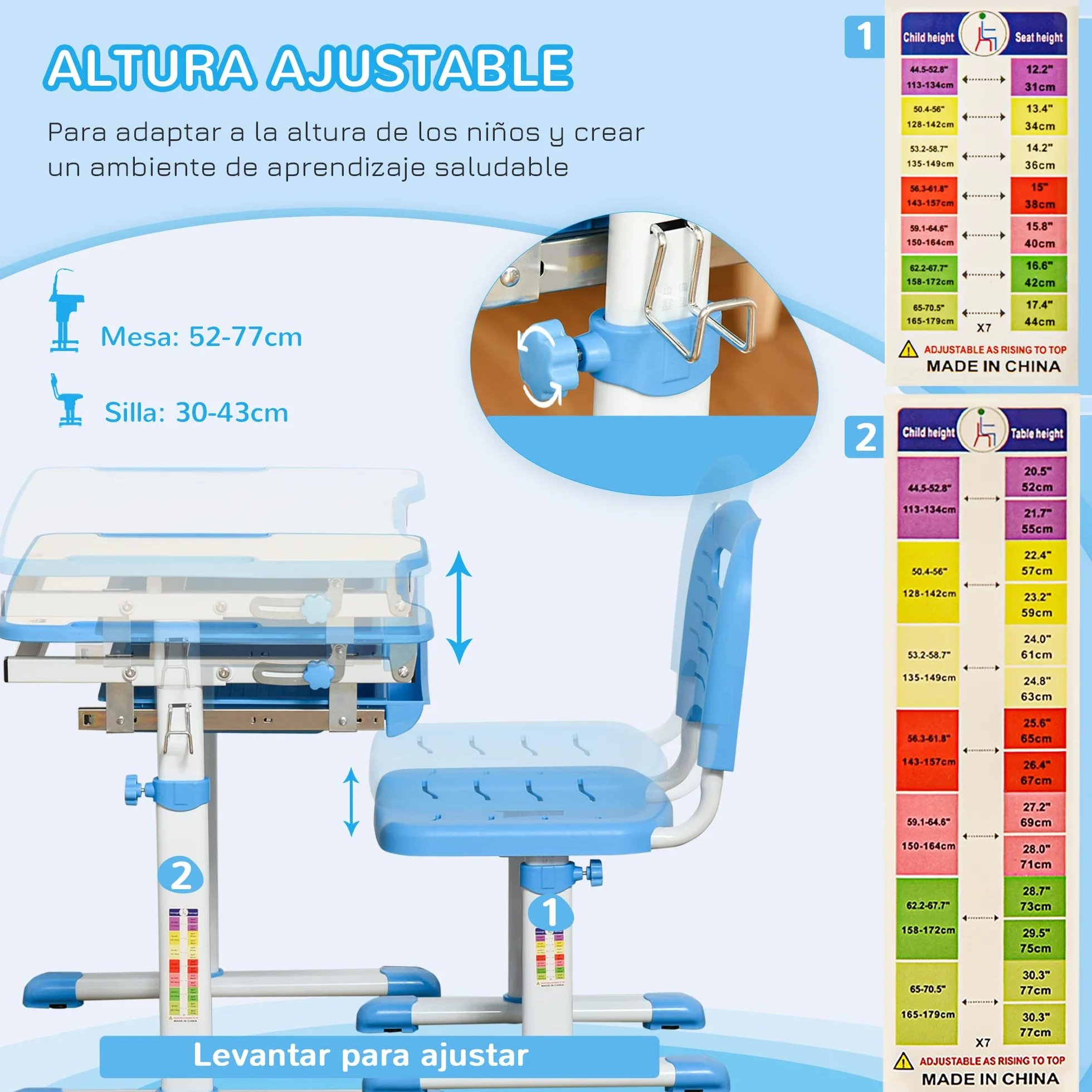 HOMCOM Pupitre Infantil 2 en 1 Escritorio y Silla Ajustable para Niños +6 Años Mesa Regulable Ángulo Bandeja Deslizante 66x47x77 cm Azul