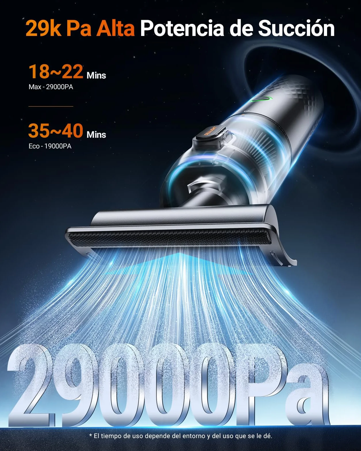SEALIGHT Aspirador de Mano, 29000Pa Mini Aspirador Recargable con 40 Minutos Duración Batería, 4 en 1 Aspiradoras de Mano con Motor sin Escobillas, 2 Niveles Aspirador sin Cable para Coche