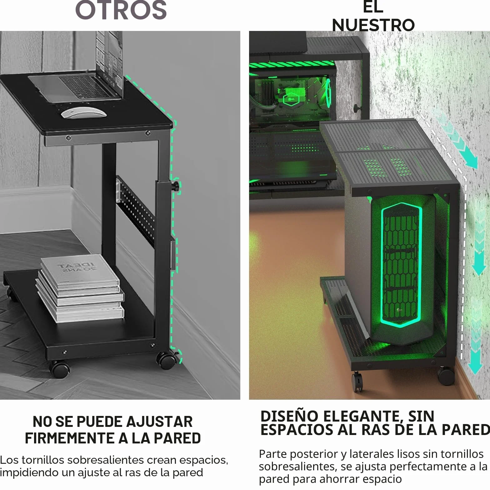 Moricher - Soporte para torre de computadora - Altura ajustable de 2 niveles ATX-Case, soporte para PC, estante para impresora, tablero de clavijas con ruedas giratorias y alfombrilla de ratón para