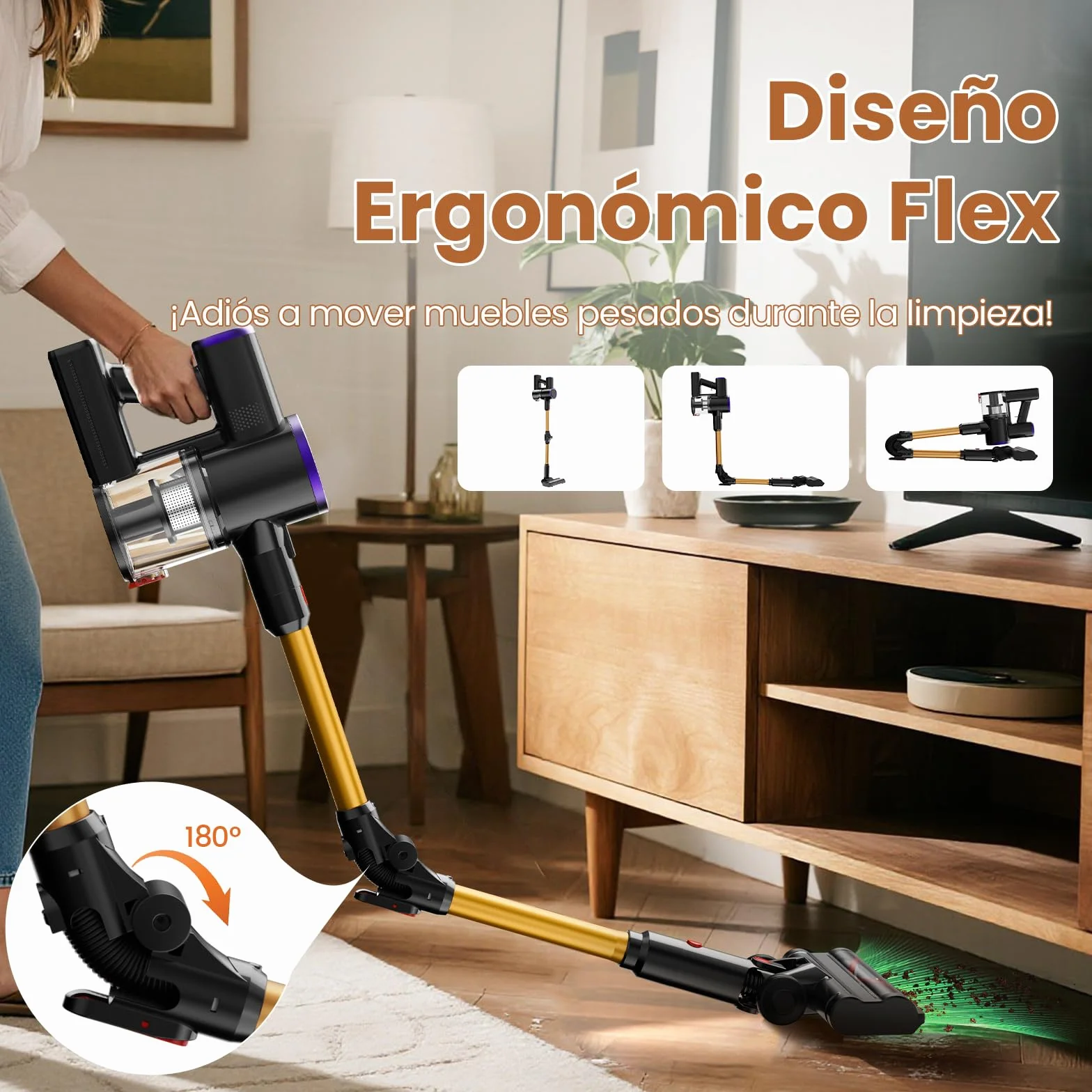 Aspiradora sin Cable Escoba S9,45KPA/550W Aspiradora Inalámbrica con Tubo Plegable y Base de Carga Mural,Luz Verde,Motor Sin Escobillas,hasta 45 Min,para Pelo de Mascotas,Suelos y Alfombras