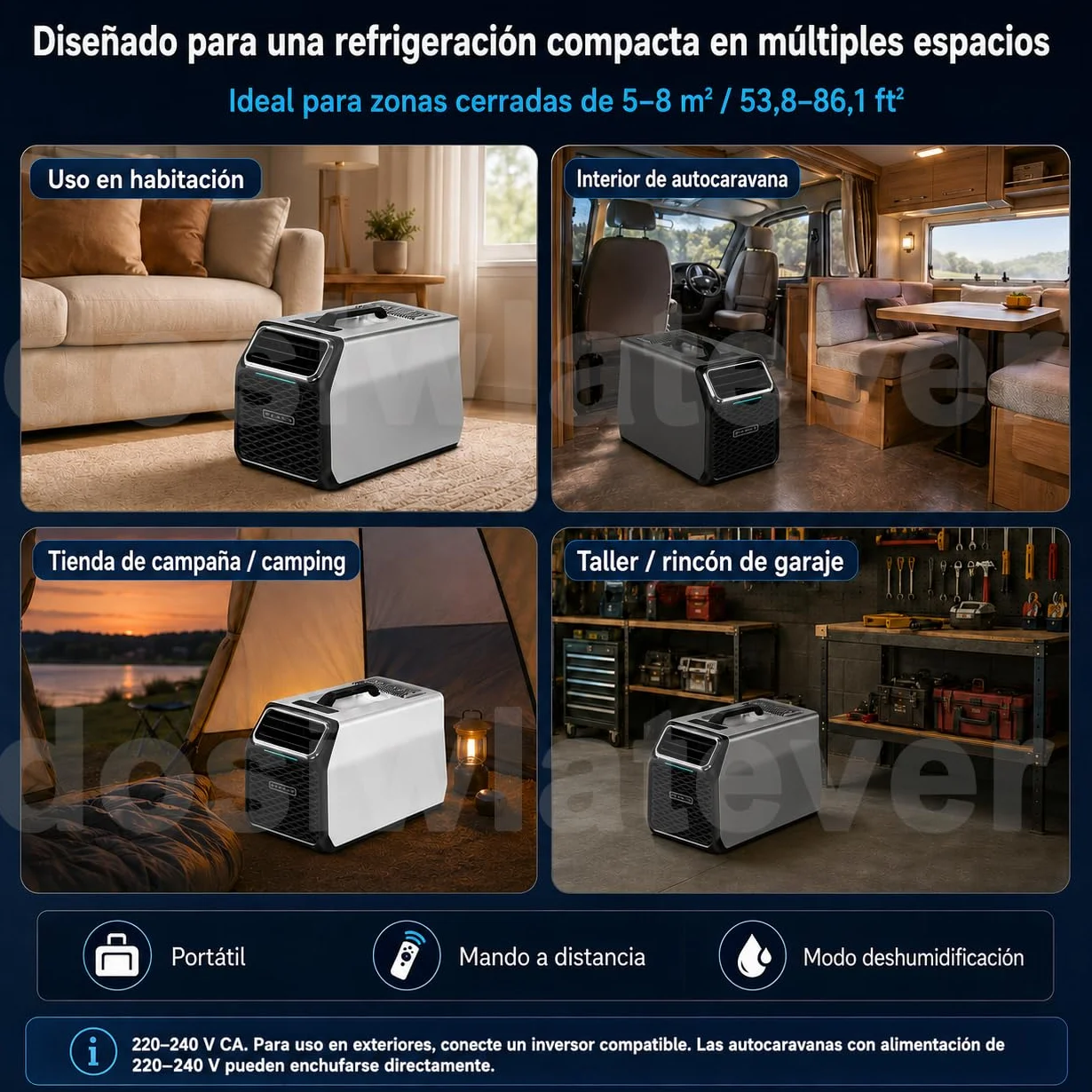 Nuevo aire acondicionado portátil 5000 BTU, 220-240V para casa y caravana, con filtro lavable, modo deshumidificación, temporizador y modo sueño, ideal para habitaciones, oficina o van Silver-220V