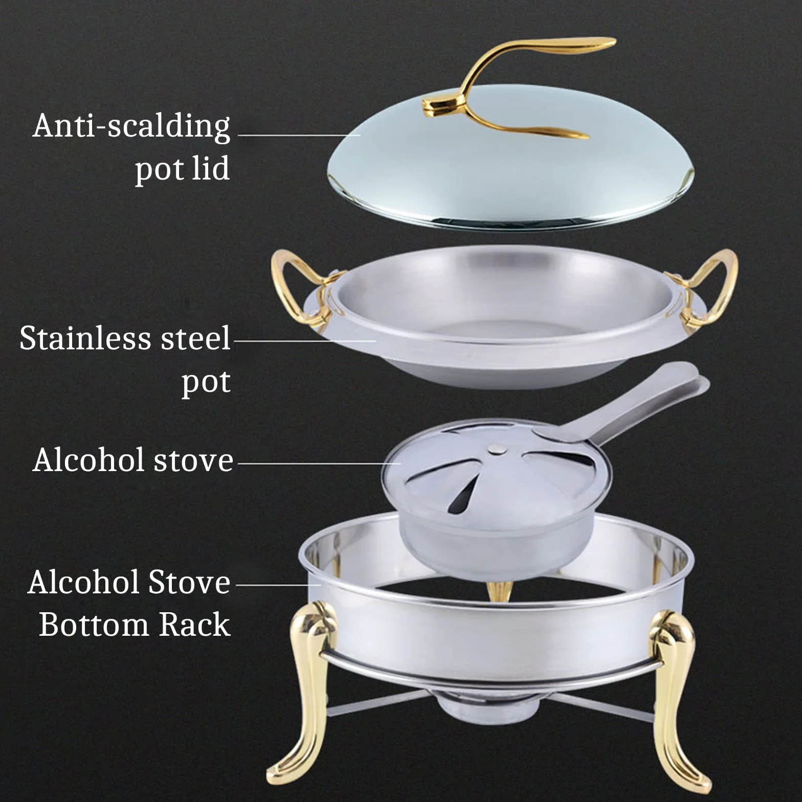 Juego de 3 platos redondos de acero inoxidable dorado de tamaño completo, calentador de alimentos con tapas y soportes de combustible, vajilla elegante para eventos