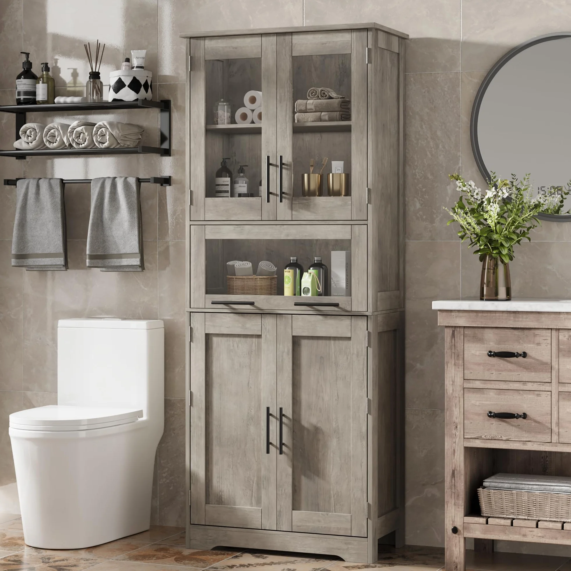 Armario de Baño Doble Compartimento 60x30x170 cm, Mueble con Puertas y Estante Ajustable, Gris