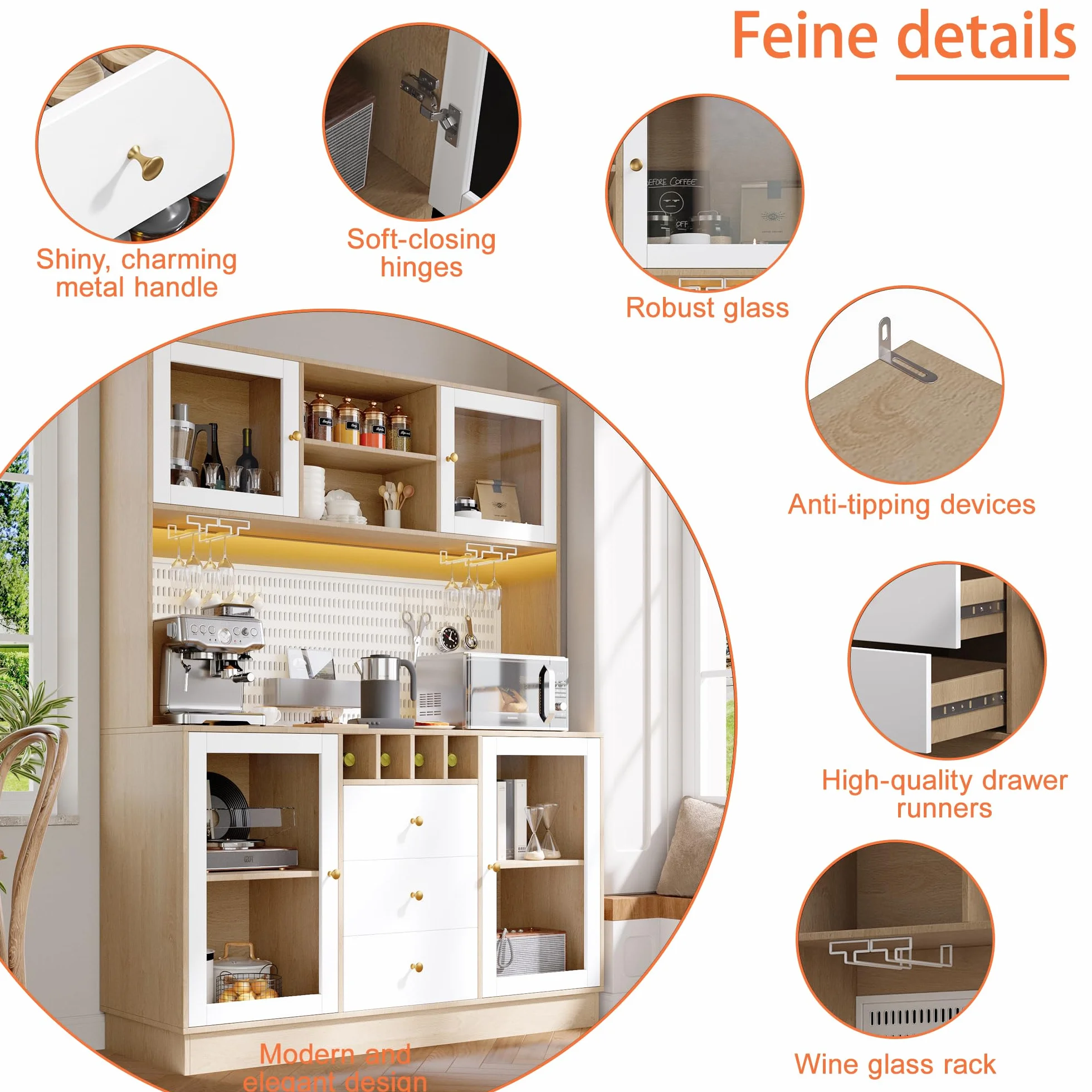 Alacena de Cocina Aparador Alto Moderno con LED y Placa Perforada, Armario Cocina con Botellero, Mueble Auxiliar Aparadores, 3 Cajones y 4 Puertas, Dispositivo Antivuelco, 140x40x185.7 cm,Blanco