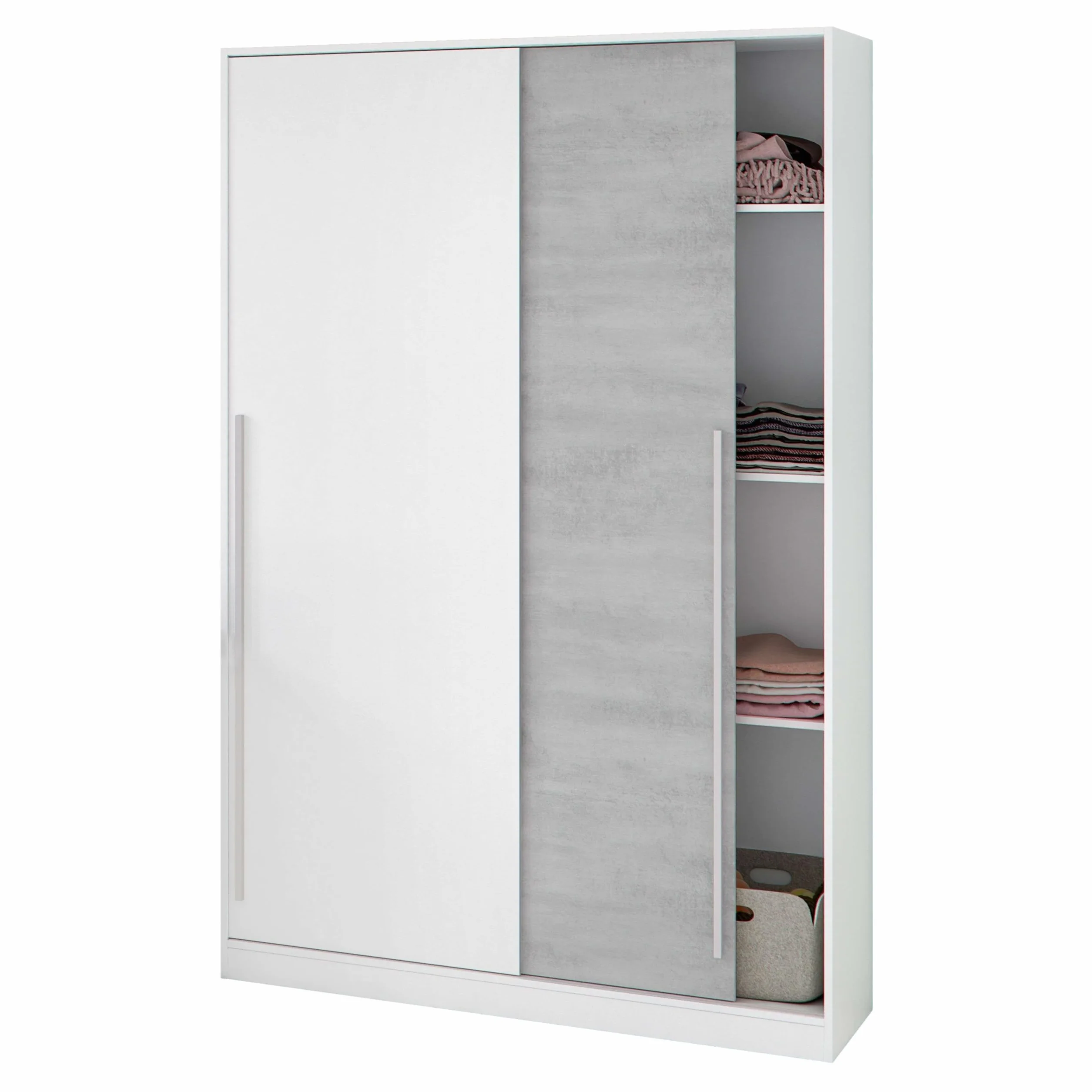 Habitdesign Armario 2 Puertas Correderas con Estantes y Barra, 200x120x50 (AltoxAnchoxFondo - en cm), Color Blanco Artik y Cemento, Modelo Indira