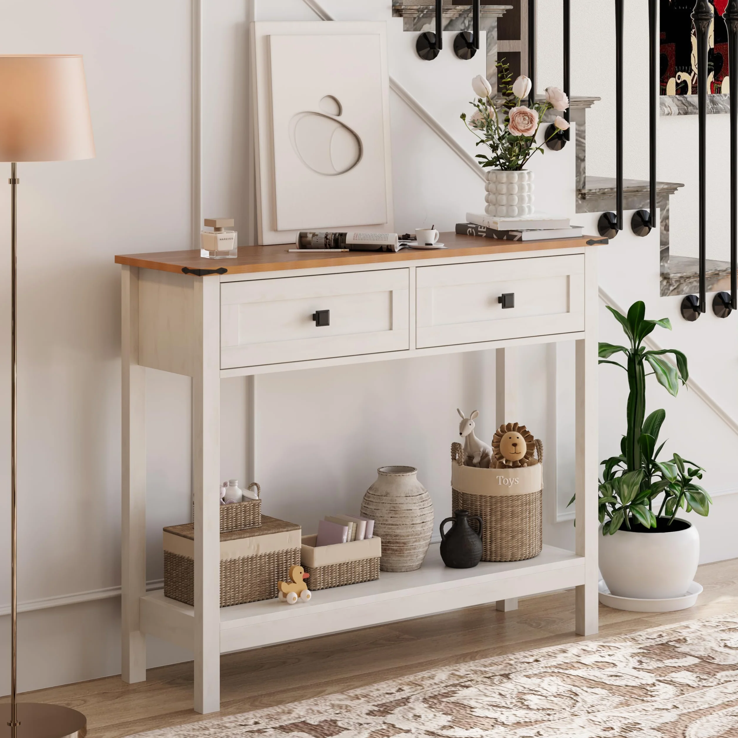 Trironsun mesa consola rústica con 2 cajones para pasillo, mesa de sofá rústica con estante abierto, pasillo de madera para dormitorio y sala de estar (blanco antiguo)