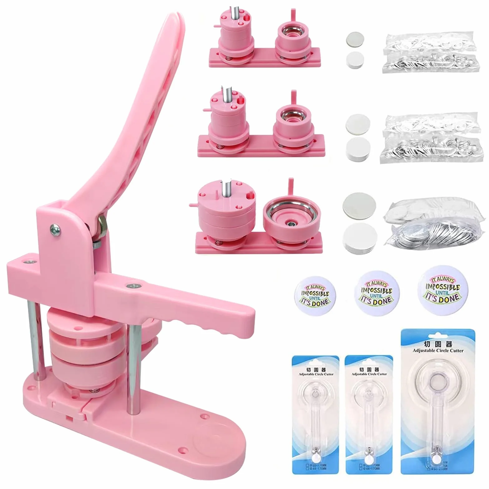 Máquina para hacer insignias, para hacer insignias, 25 mm, 32 mm, 58 mm, máquina perforadora sin instalación con 300 piezas de botón (rosa)