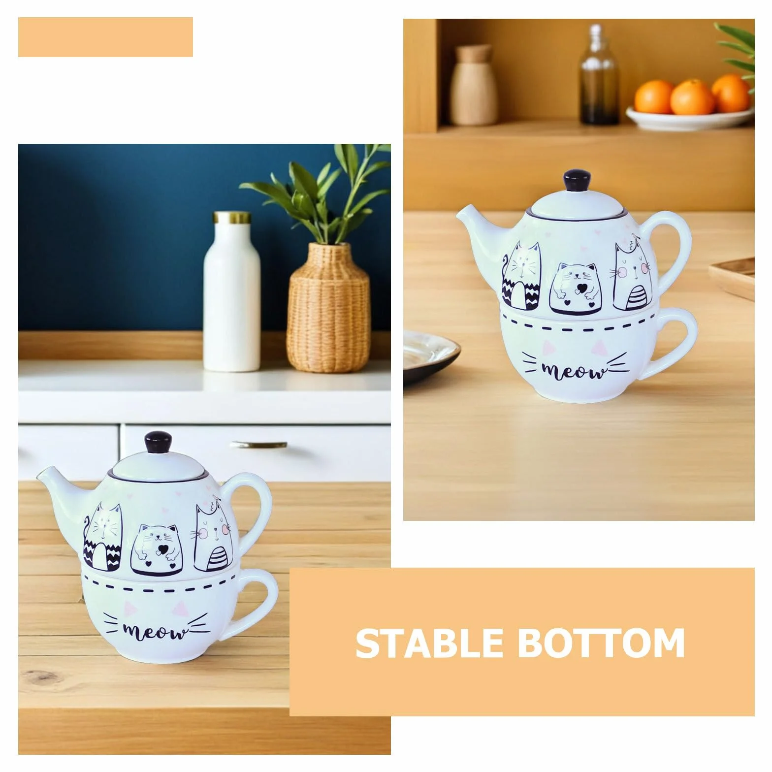 Didiseaon Juego de Té Diseño Original y Elegante de Cerámica Forma de Gato Blanco Tetera y Taza Decorativa para Uso Diario para Aficionados al Té