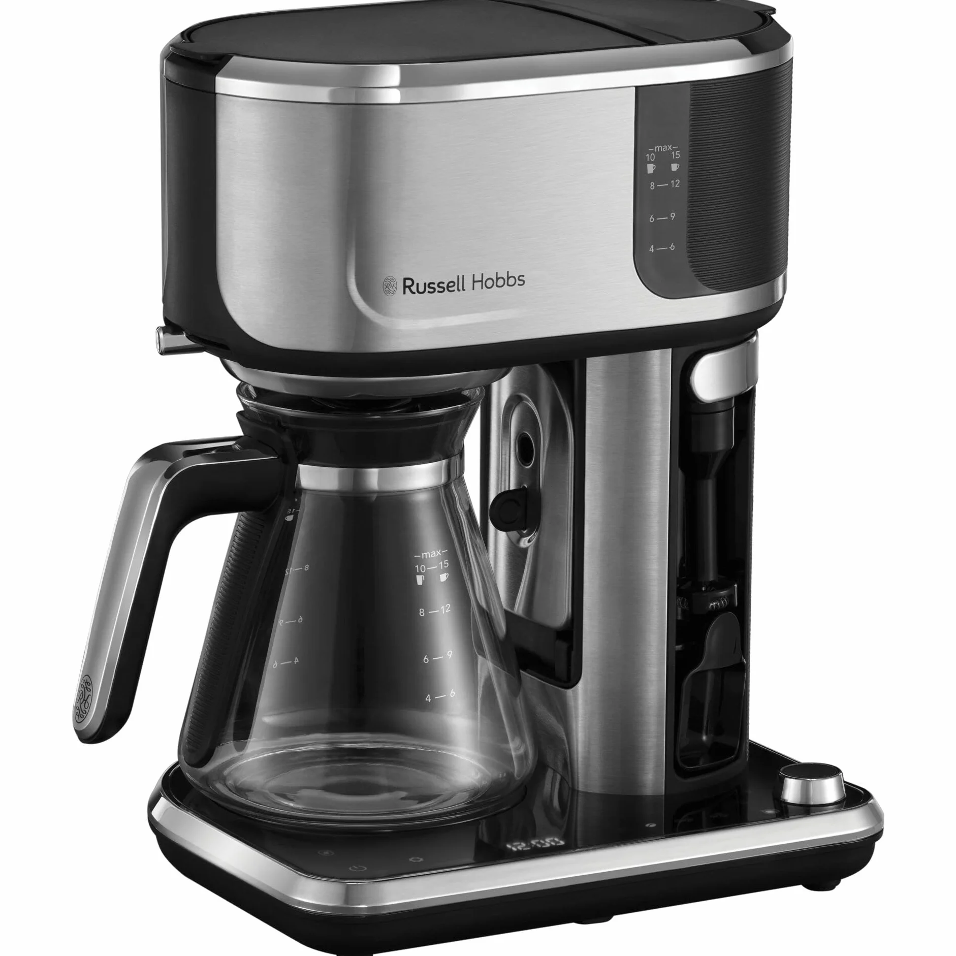 Russell Hobbs Cafetera de Goteo Attentiv, Jarra Cristal 1,25L, Filtro Extraíble, Táctil, Dispensación Automática, Vaporizador Leche, Cuchara Medidora, Programable, Acero Inoxidable, Plata - 26230-56