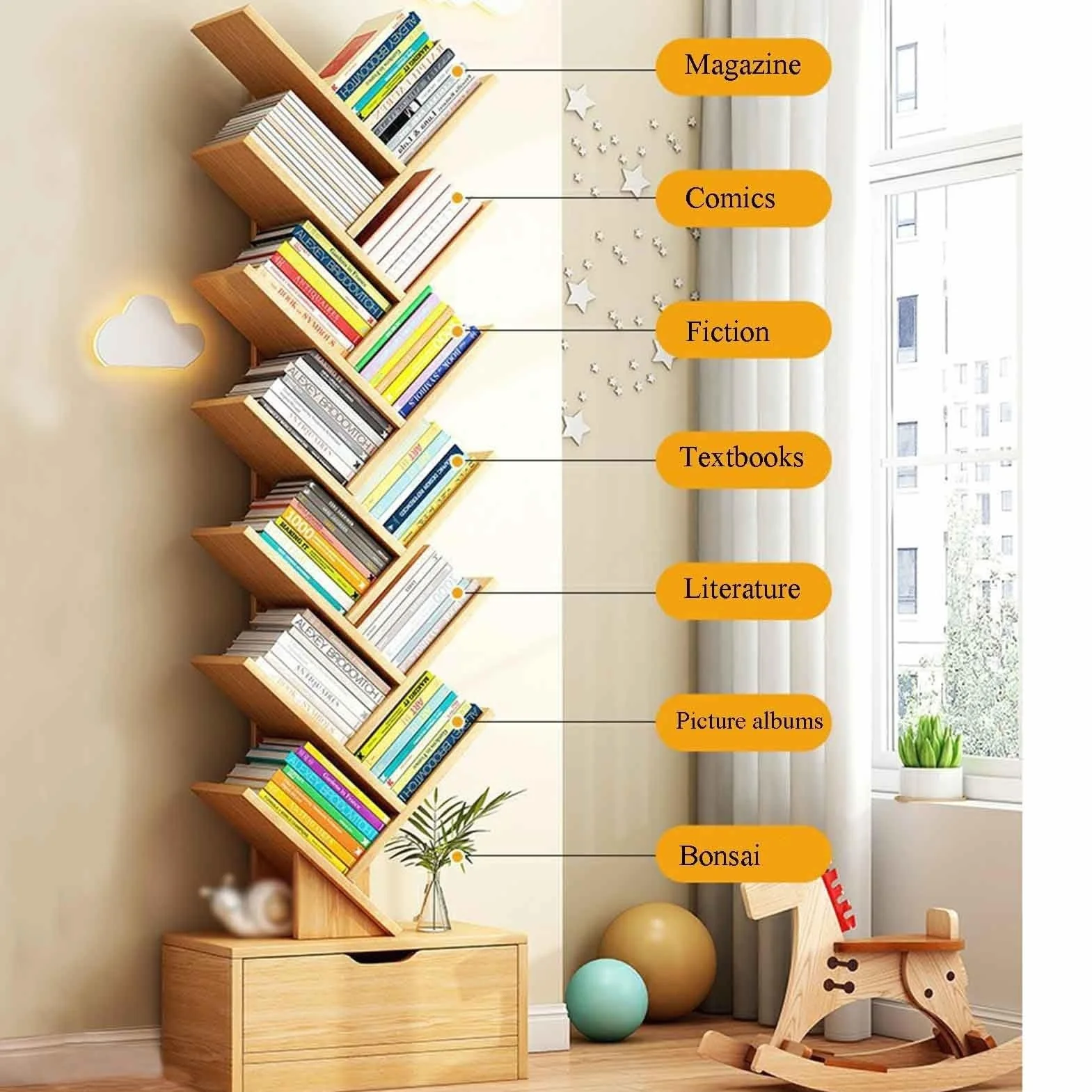 Estantería de Suelo Creative Tree Estantería de exposición para Libros para Adultos y niños Almacenamiento de Varias Capas Diseño de casillero Inferior para una Gran Variedad de artículos(Blanco)