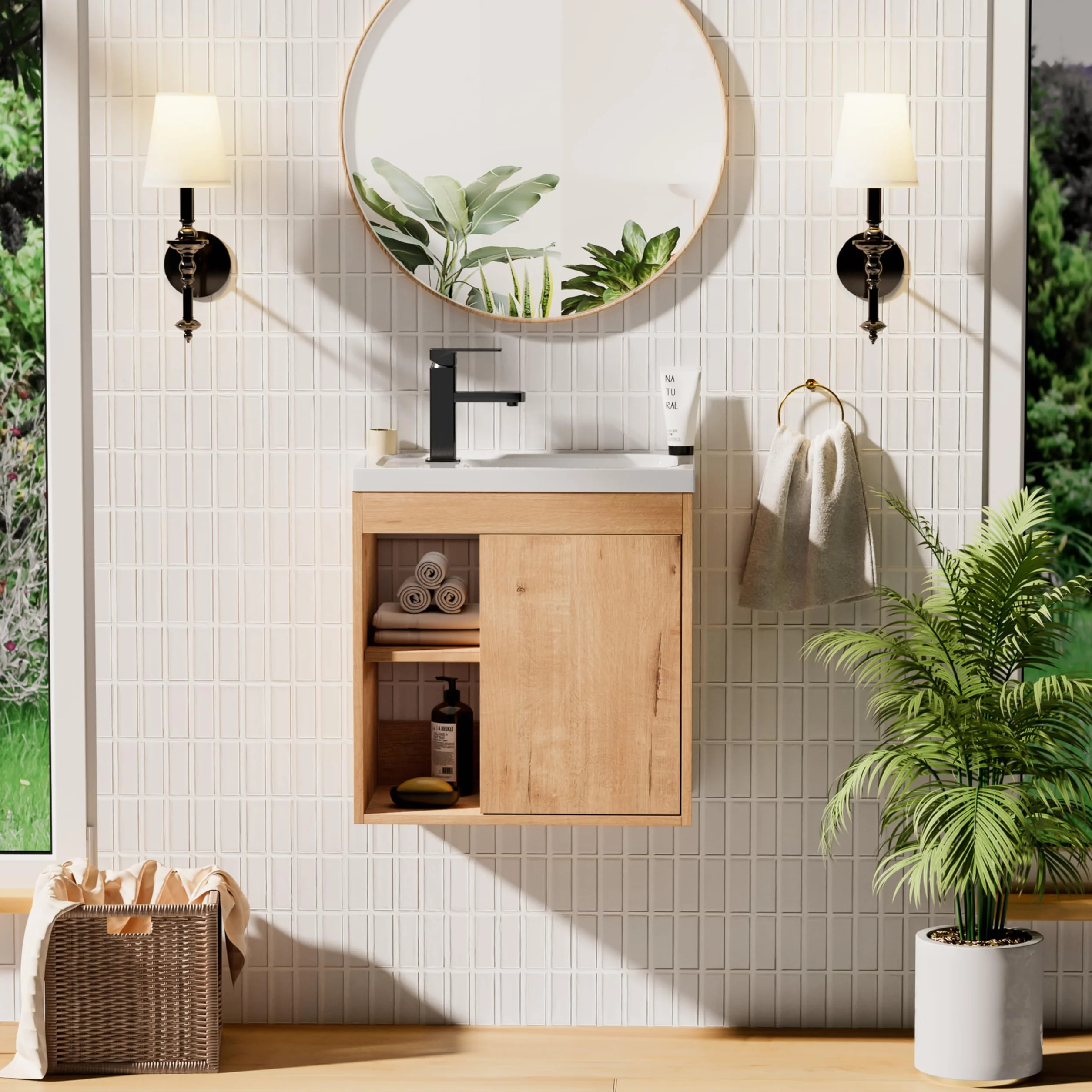 UEV Mueble de Baño con Lavabo de Resina, Mueble de Baño Suspendido con Diseño Único y Practicidad, Modelo de Madera Natural, 50,5 x 30 x 50 cm, Natural