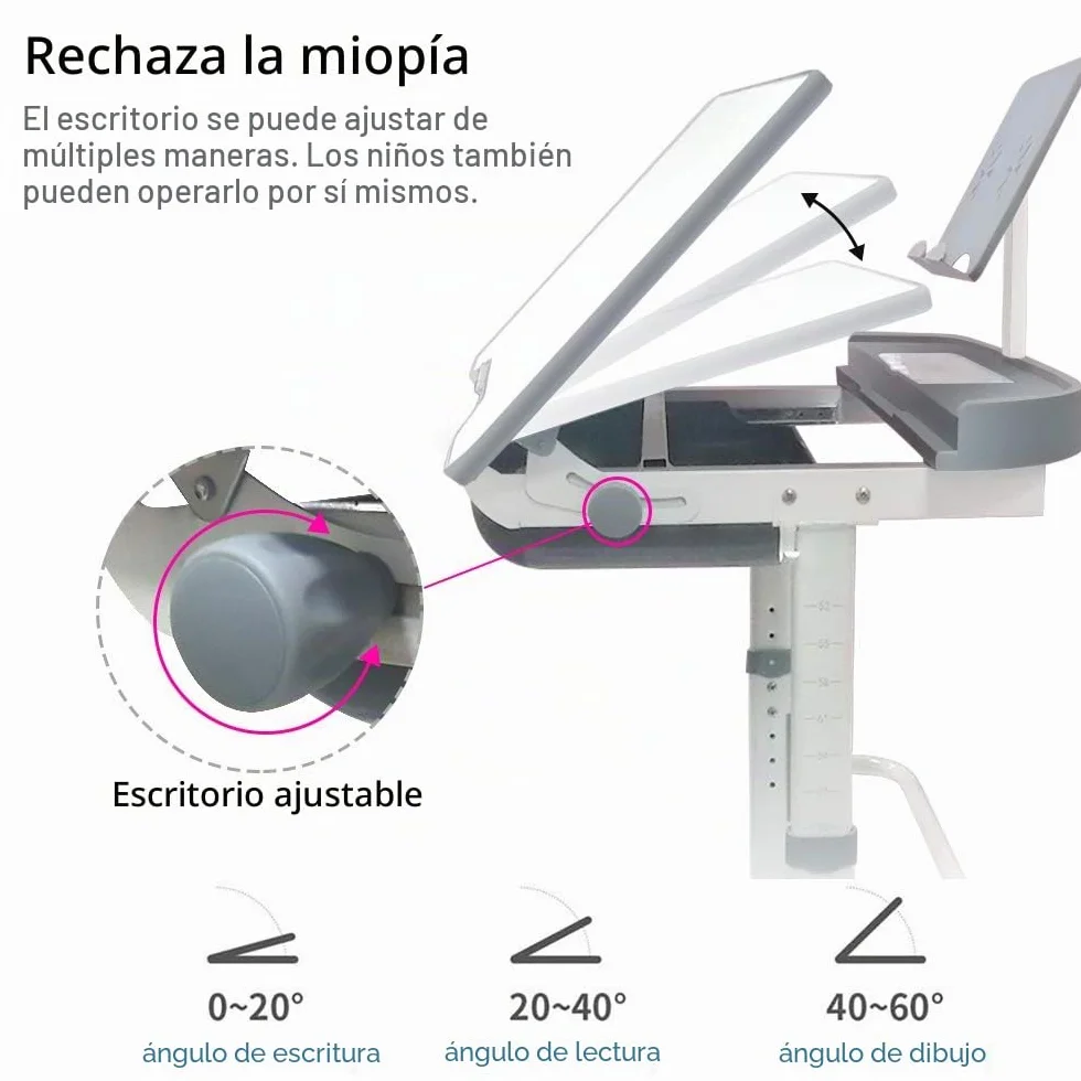 Yinleader Kids Juego de escritorio y silla ajustable con lámpara protección visual, soporte libros, escritorio basculante para escribir leer dibujar gris