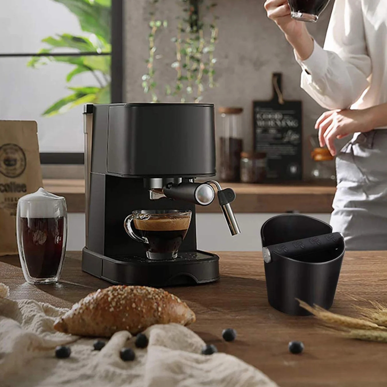 Ideal Swan Coffee Knock Box Posos Cafe Caja Barista Absorbente Golpes Barra Metal Extraíble Base Antideslizante Negro