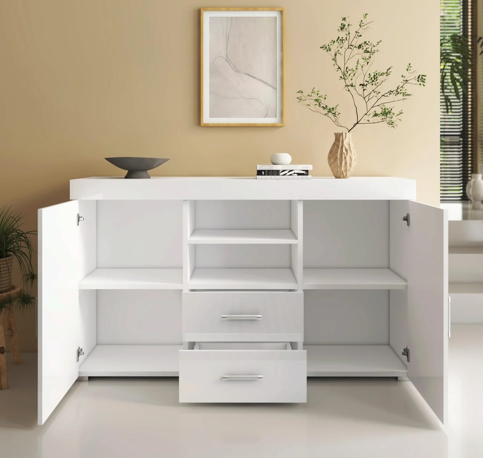 MB Muebles Bonitos Aparador Roque Mueble Auxiliar Moderno 140x82x40 cm Melamina Brillo Blanco