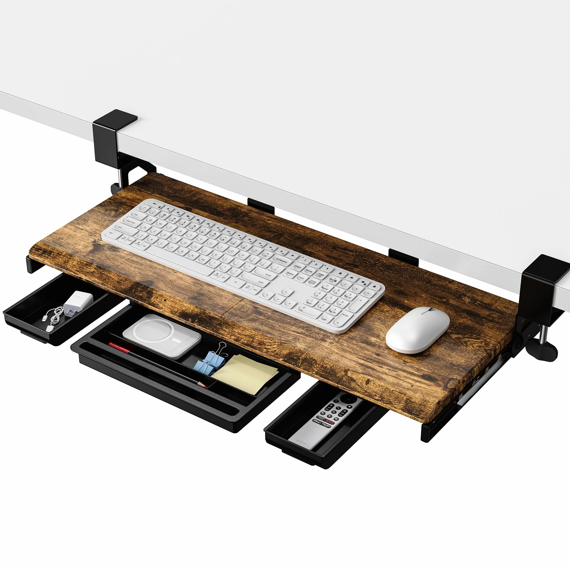 ETHU Bandeja para teclado debajo del escritorio con cajones de almacenamiento, cajón de teclado de 68 x 30 cm con abrazadera en C, estante retráctil para teclado debajo del escritorio para el hogar y