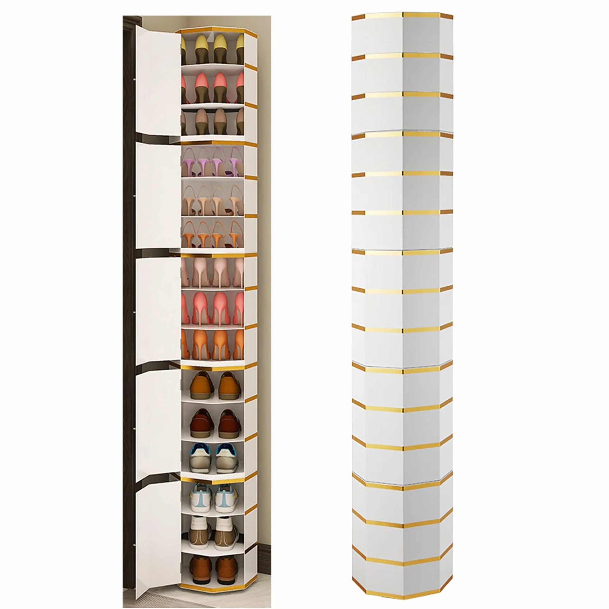 Zapatero de metal giratorio de 360°, moderno y elegante, organizador de zapatos para entrada, esquina, estante de zapatos, torre para gran colección de zapatos, diseño vertical redondo, ahorro de