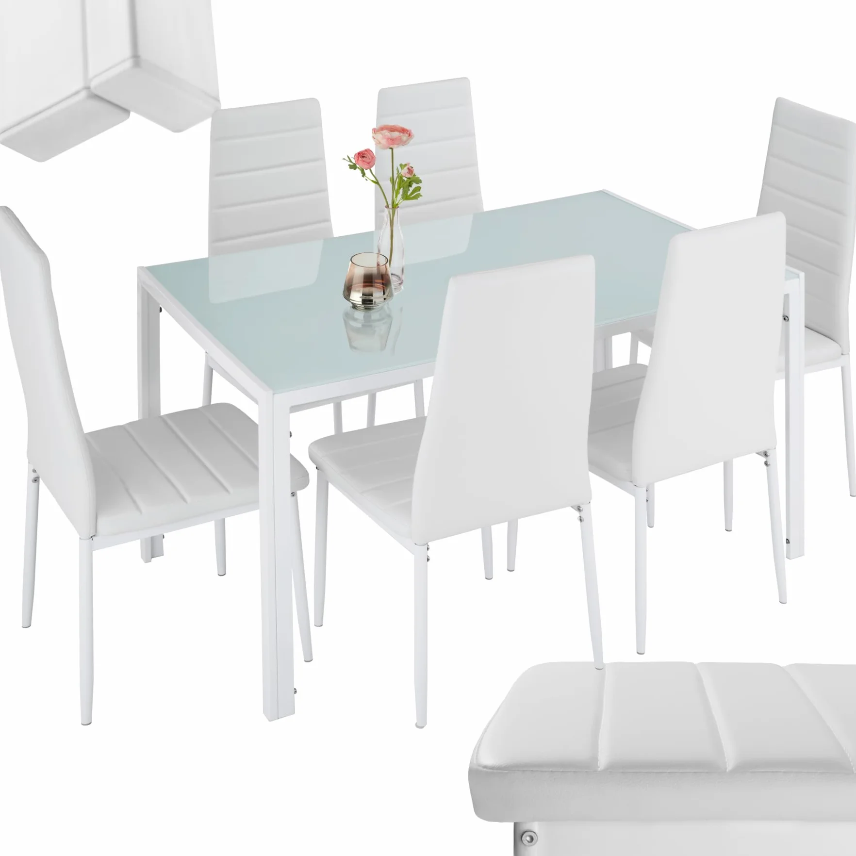 tectake® Conjunto de Mesa y 6 Sillas de Comedor, Atractivo Diseño, Alto Confort, Tablero de Vidrio, Sillas Comedor Modernas, Sillas de Cocina, Muebles Salon Modernos - Blanco/Blanco