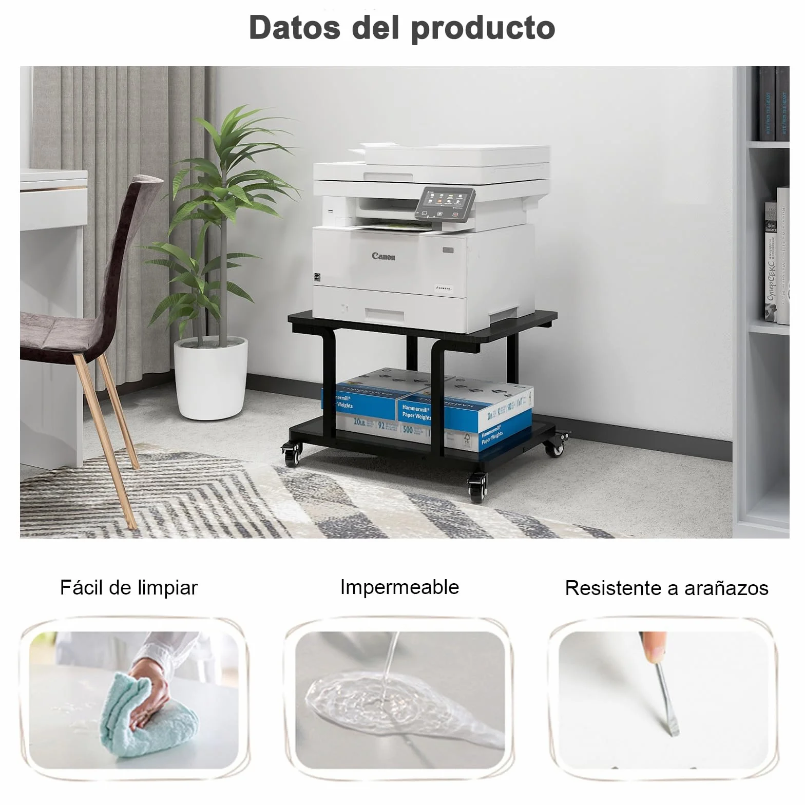 PUNCIA Mesa para Impresora de 2 Niveles con Ruedas 60 x 50 cm Soporte para Impresora Móvil de Madera y Metal con Estante de Almacenamiento para Oficina Hogar Escuela Negro