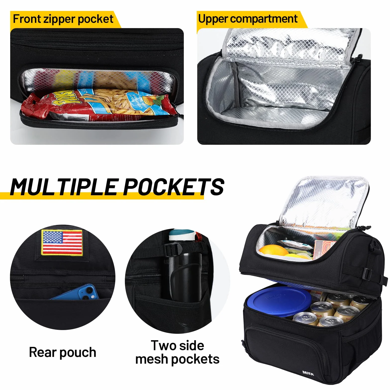 MIER Bolsa de almuerzo con doble compartimento para hombres y mujeres, bolsa térmica aislada a prueba de fugas, color negro