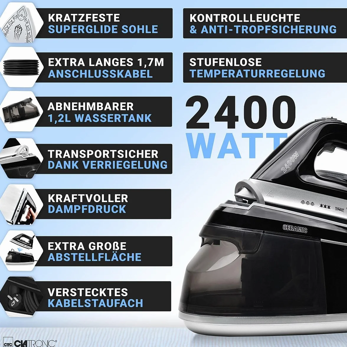 Centro de planchado a vapor Clatronic con plancha de vapor | 3,5 bar | plancha de vapor con suela Superglide y depósito de agua de 1,2L | 80 min. de autonomía | 2400W | con sistema antigoteo |DBS 3749