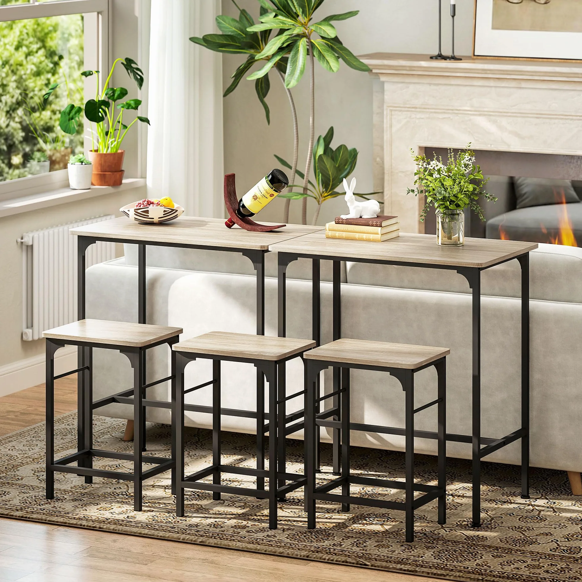 HOMCOM Conjunto de Mesa de Bar con 2 Taburetes, Marco de Acero, Efecto Madera Natural para Cocina y Comedor