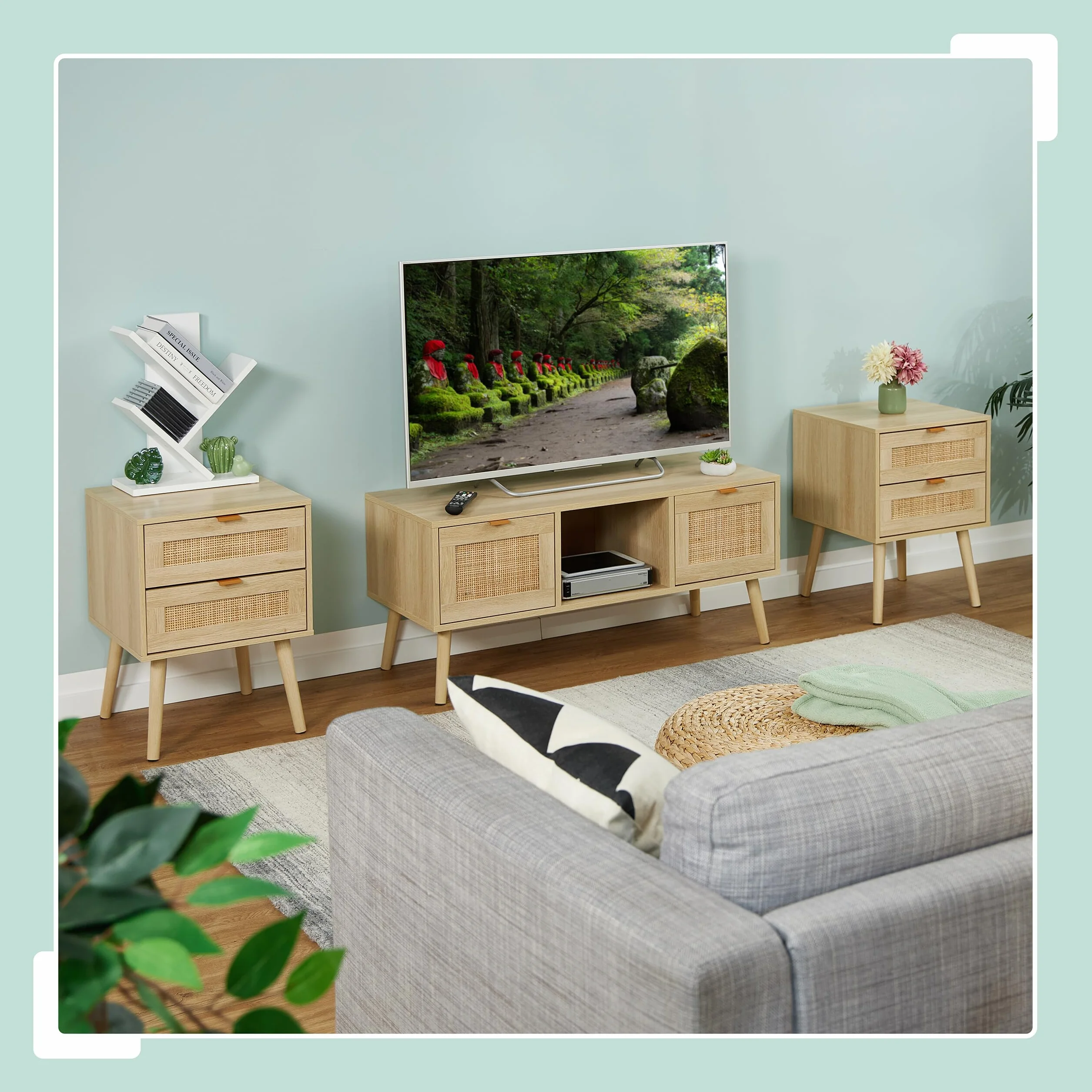 Relaxdays Mesita de Noche, Cajones, Set de 2, Estilo Ratán, Mesilla Dormitorio Efecto Madera, 55 x 40 x 41,5 cm, Natural | Mesita de noche, 2 cajones, 55 x 40 x 41,5 cm, dormitorio