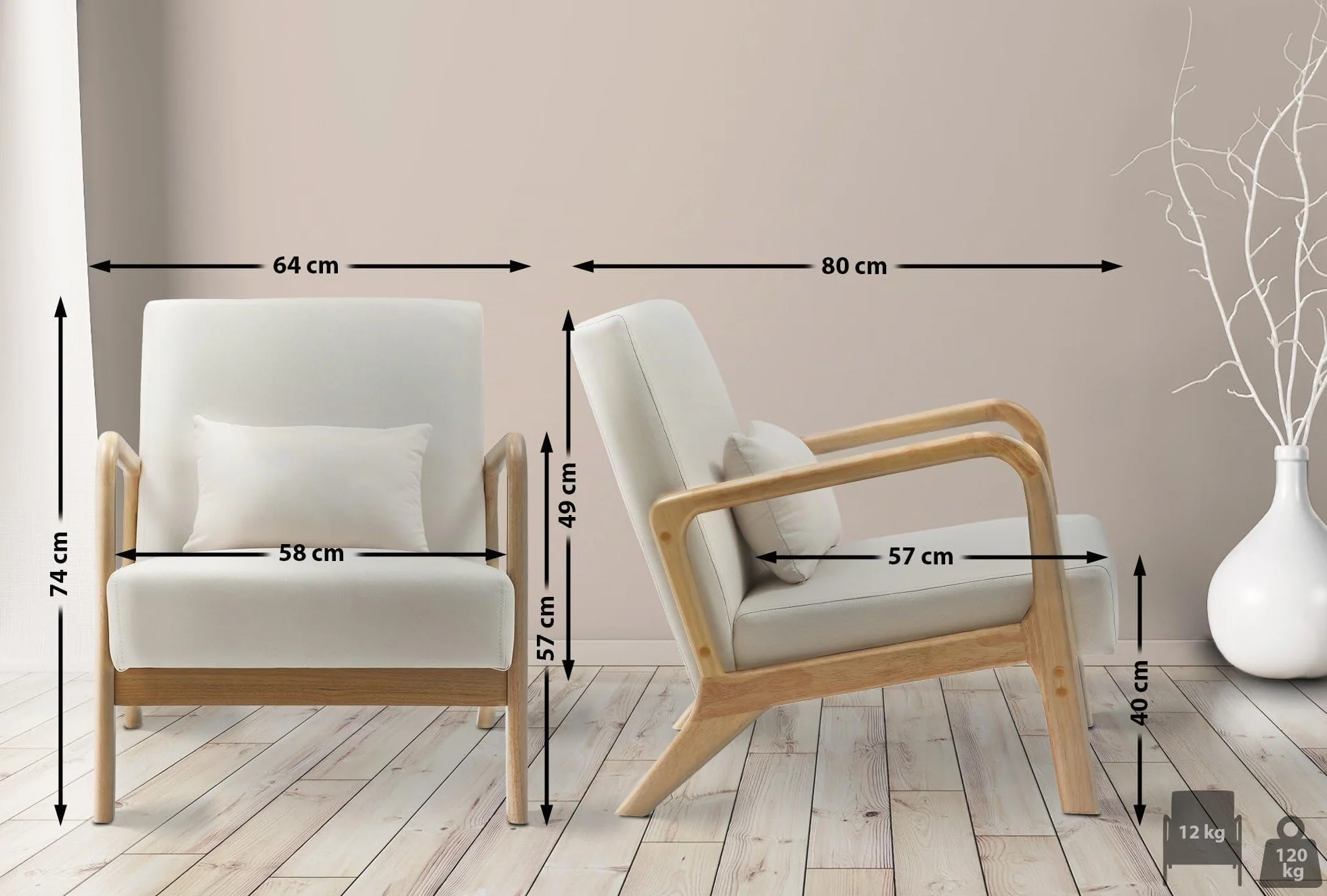 CLP Sillón Hibbing en Tela con cojín I Silla de Descanso con Base & reposabrazos de Madera I Butaca alcochada nórdica con Respaldo, Color:Crema