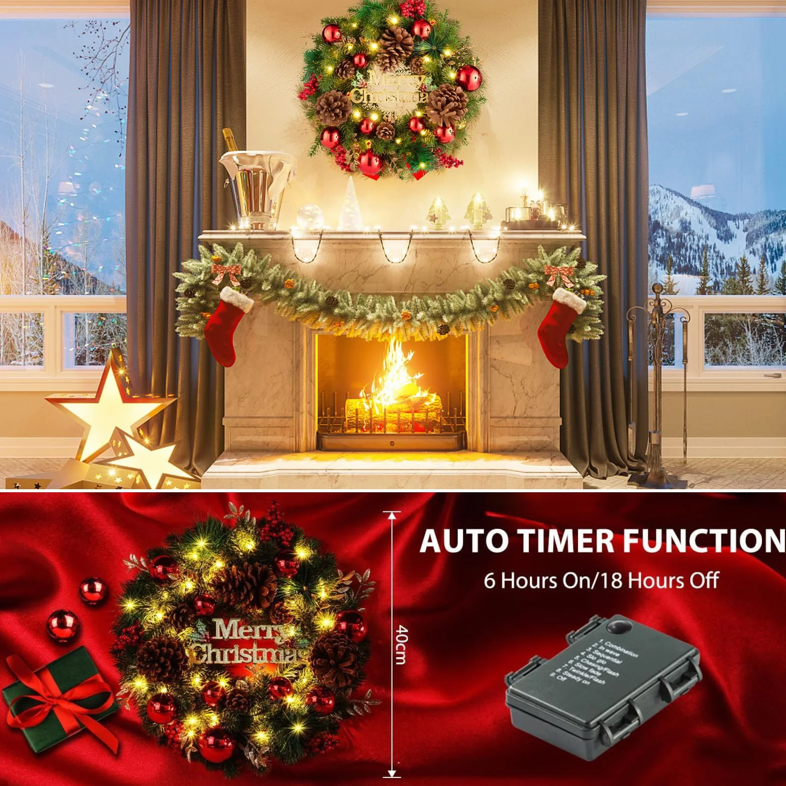 Avoalre 40CM Corona Navidad con Luces 40 Leds, Adorno de Guirnalda de Navidad 8 Modos y Función de Temporización Decoración Navidad para Puerta, Árbol, Pared, Ventana