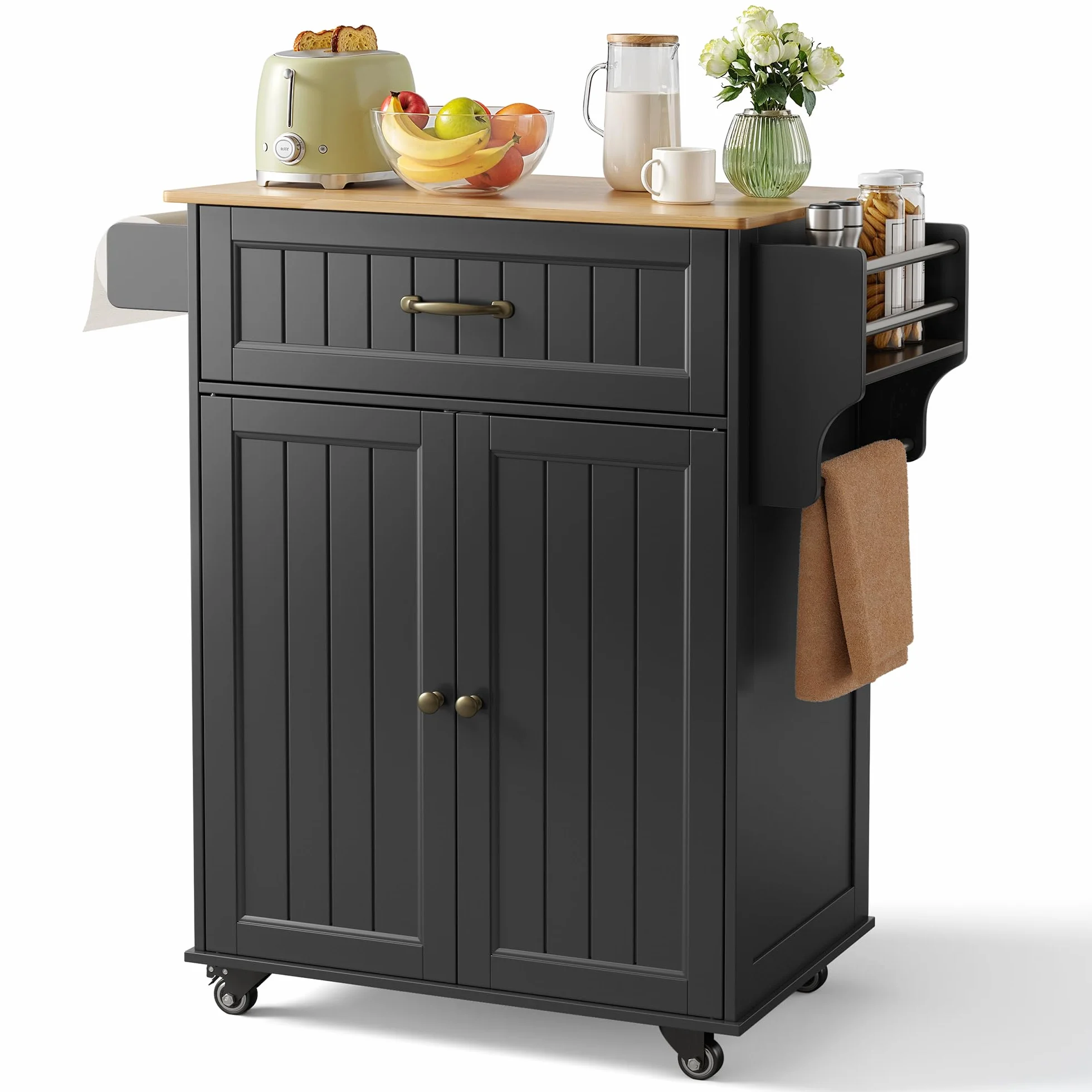 Bealife Isla de Cocina con Ruedas, Carro de Cocina con Cajón, Armario, Estante Lateral para Especias y Toallero, Mueble Auxiliar de Almacenamiento para Comedor (Negro)