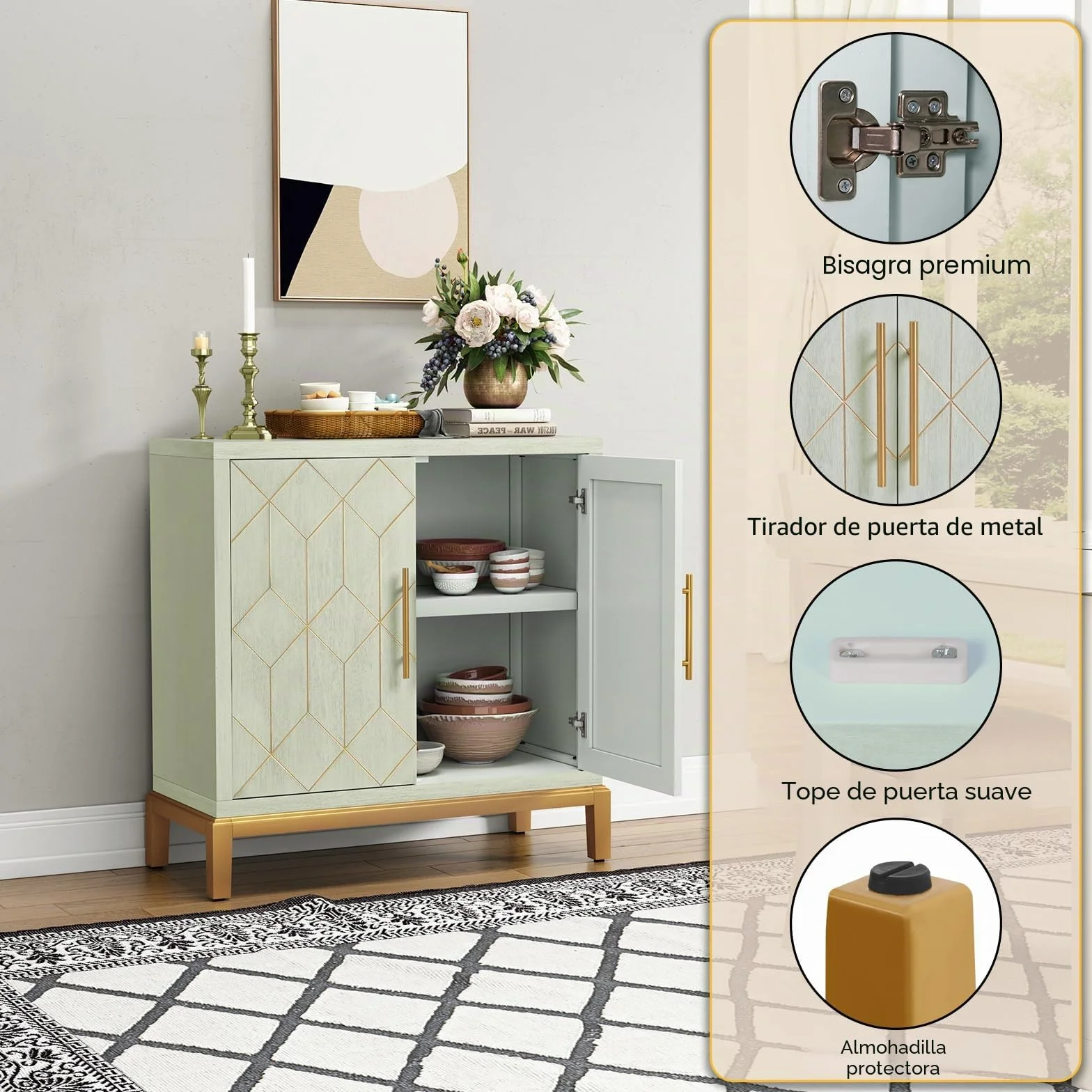 HOLTICO Armario de cocina, armario de baño, armario de salón, armario verde con estante ajustable, armario independiente para cocina, baño, salón, garaje, líneas doradas y patas