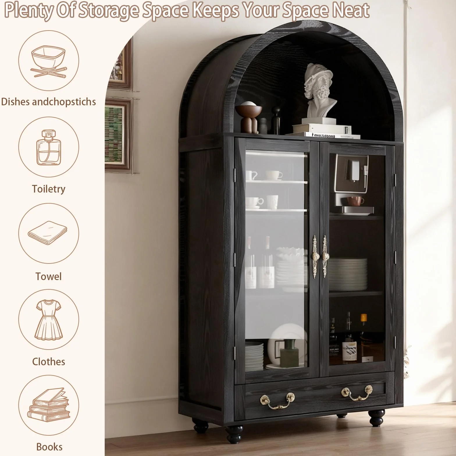 Vitrina de madera con puertas de cristal y parte superior en forma de arco, amplio espacio de almacenamiento para libros, platos y más, acabado negro resistente con asas doradas, 31 pulgadas