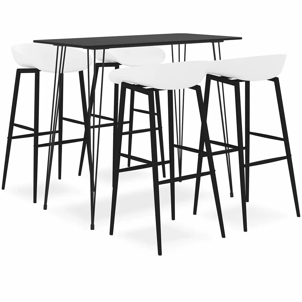 Juego de 5 piezas de bar, color negro y blanco, mesa de bar, 120 x 60 x 105 cm, con 4 taburetes de madera MDF y polipropileno, ahorra espacio para cocina, salón, comedor y jardín