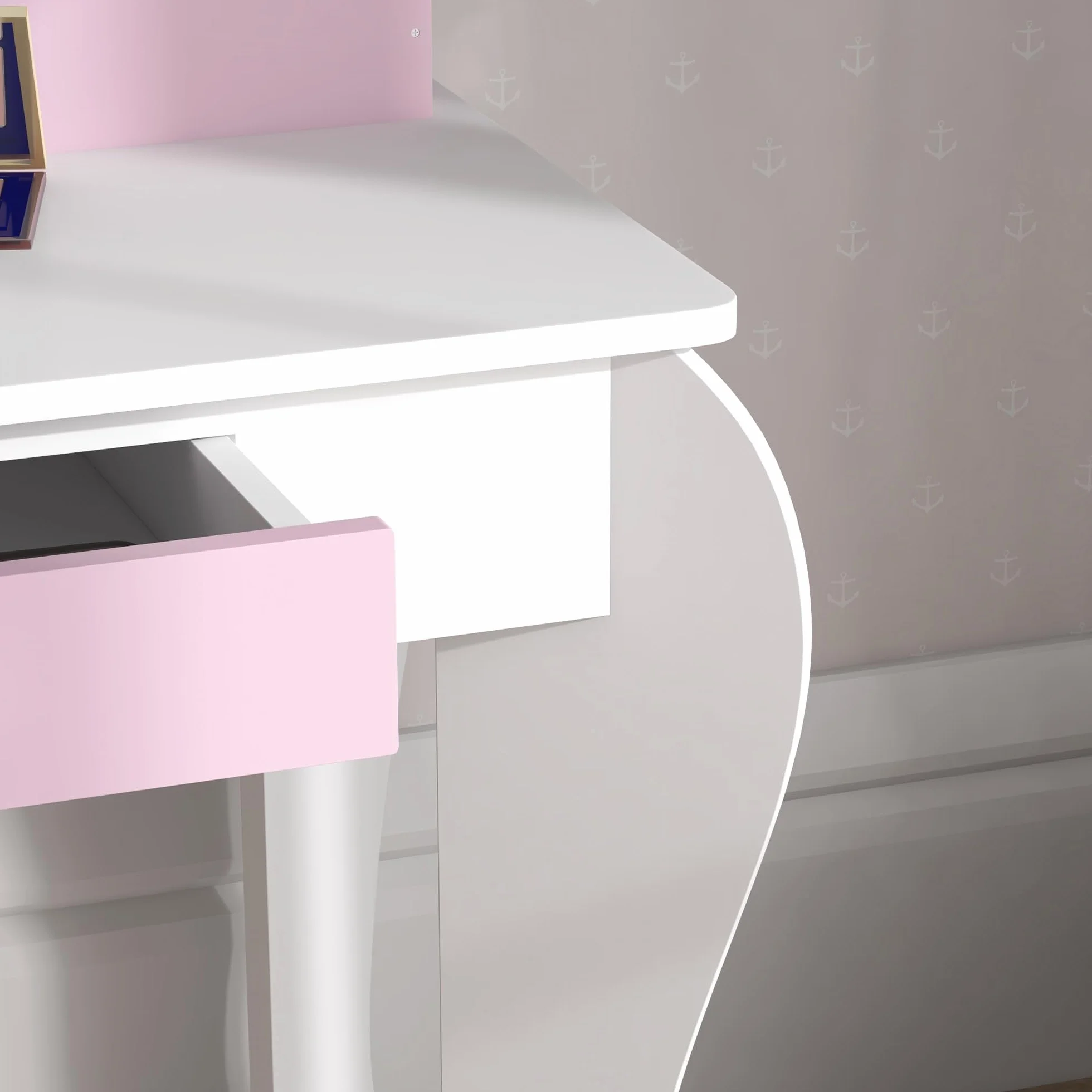 Tocador Infantil con Taburete y Espejo, Diseño Unicornio, Mesa de Maquillaje para Niñas 3-6 Años, Blanco