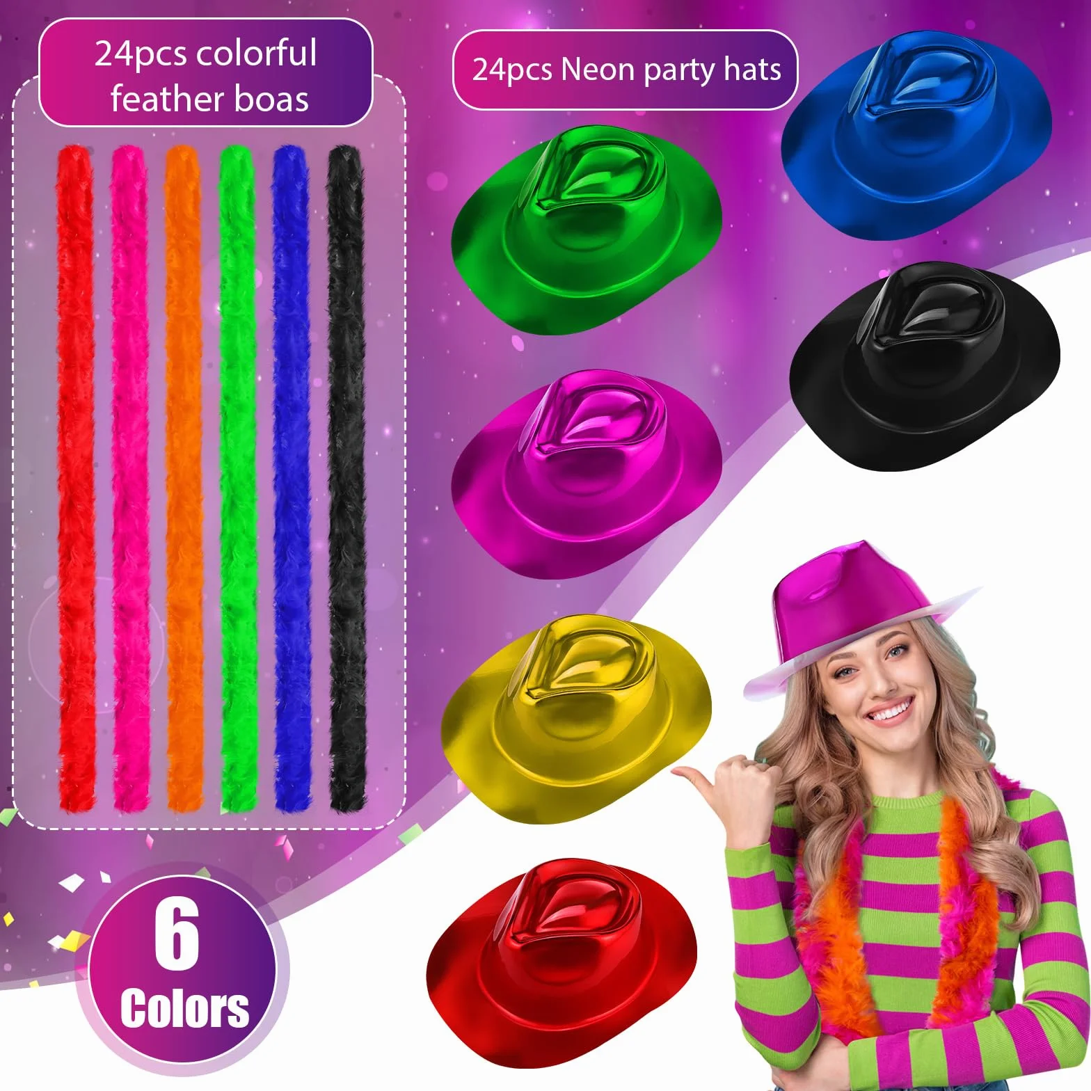 48 piezas de suministros de fiesta de neón, 24 sombreros de fiesta de gángsters, 24 boas de plumas coloridas, sombrero de neón de plástico metálico para carnaval