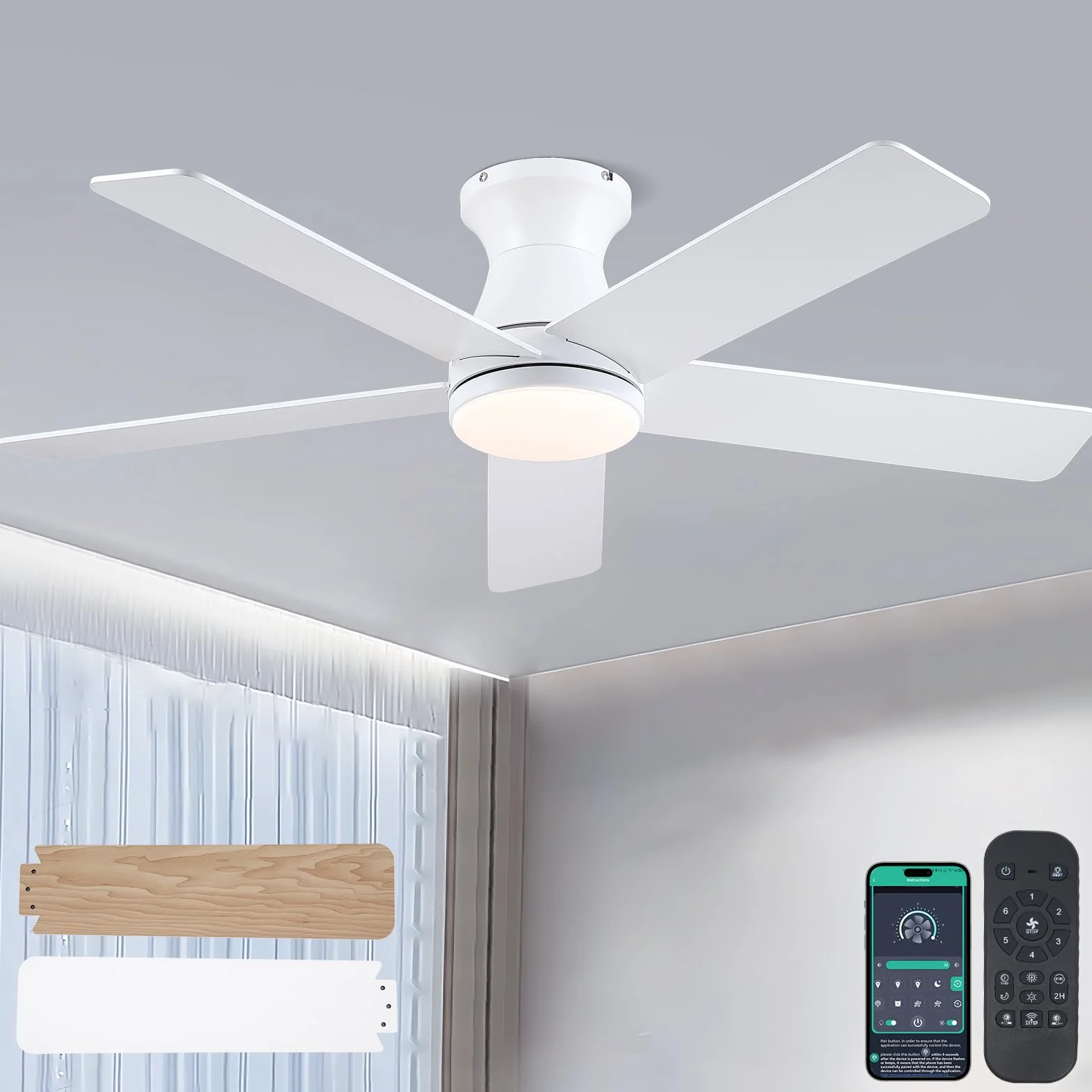 Kviflon Ventilador de techo plano de 117 cm con iluminación LED y mando a distancia, LED con intensidad regulable, 6 velocidades, ventilador de techo moderno empotrable para dormitorio y cocina.